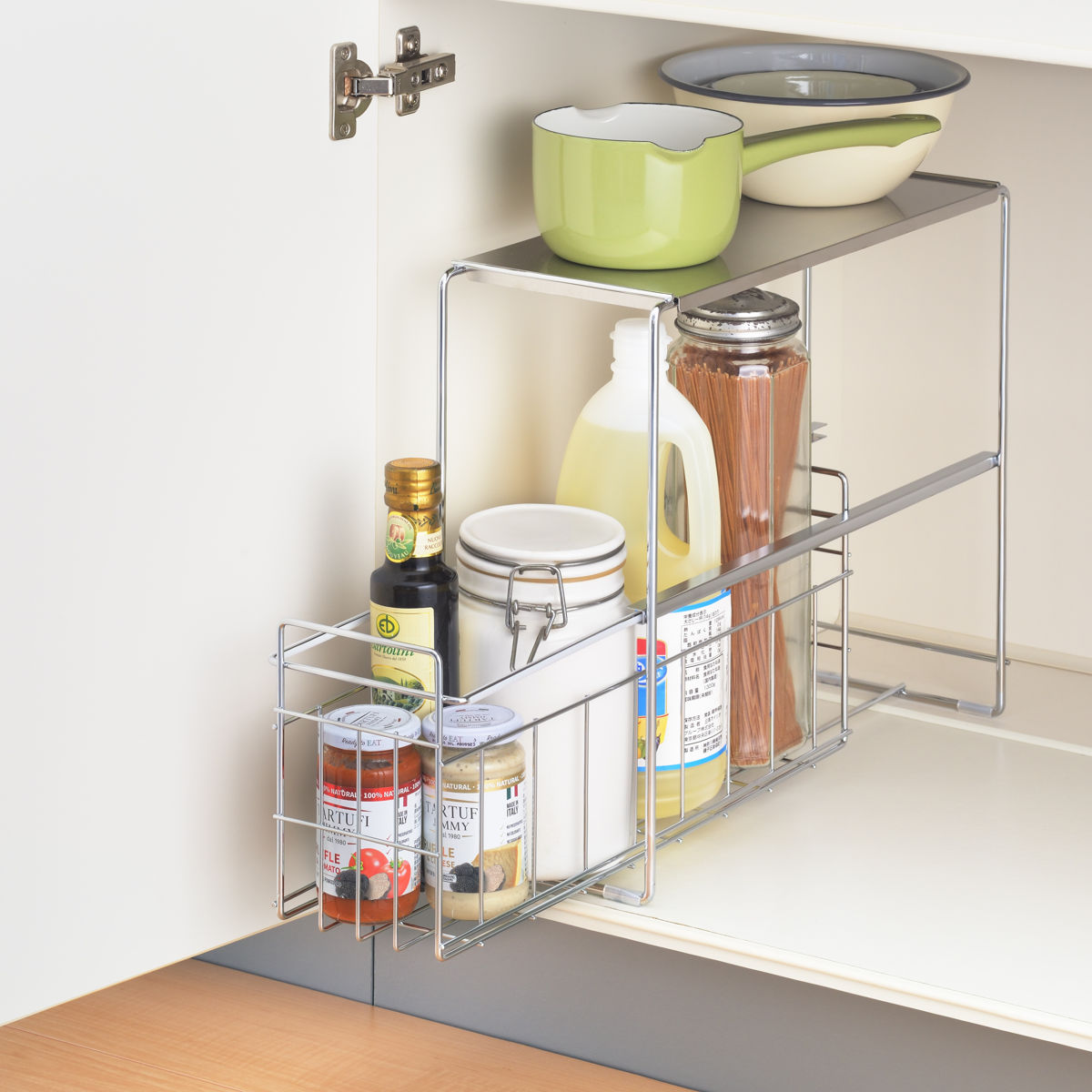 シンク下収納ラック スムーズに引き出せる シンク下 スライド収納 1段 幅15cm ( 引き出し付き スリム コンロ下 キッチンストッカー ステンレス スライドラック 隙間収納 引出し ワゴン キッチン 洗面所 収納 おしゃれ 日本製 )