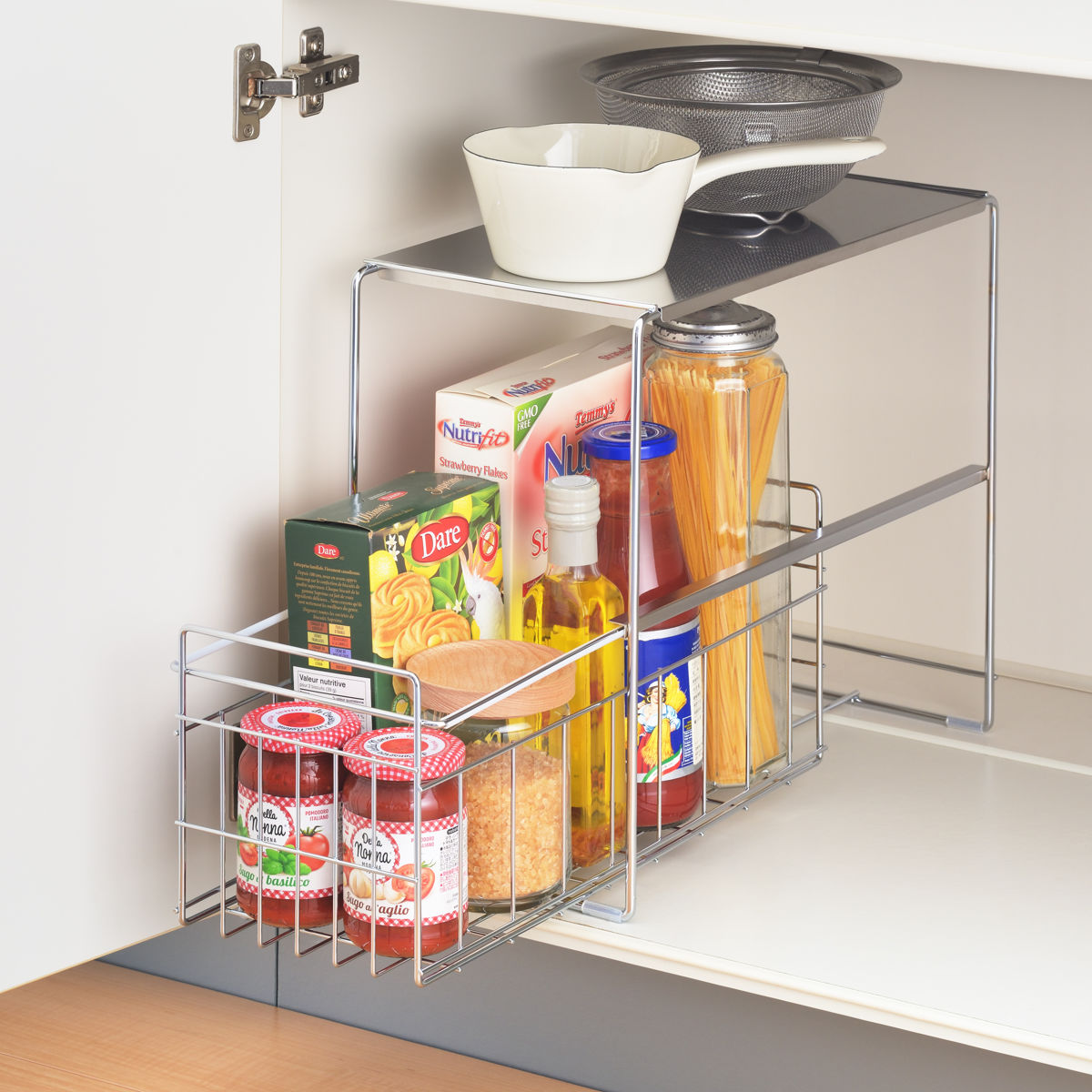 シンク下収納ラック スムーズに引き出せる シンク下 スライド収納 1段 幅20cm ( 引き出し付き スリム コンロ下 キッチンストッカー ステンレス スライドラック 隙間収納 引出し ワゴン キッチン 洗面所 収納 おしゃれ 日本製 )