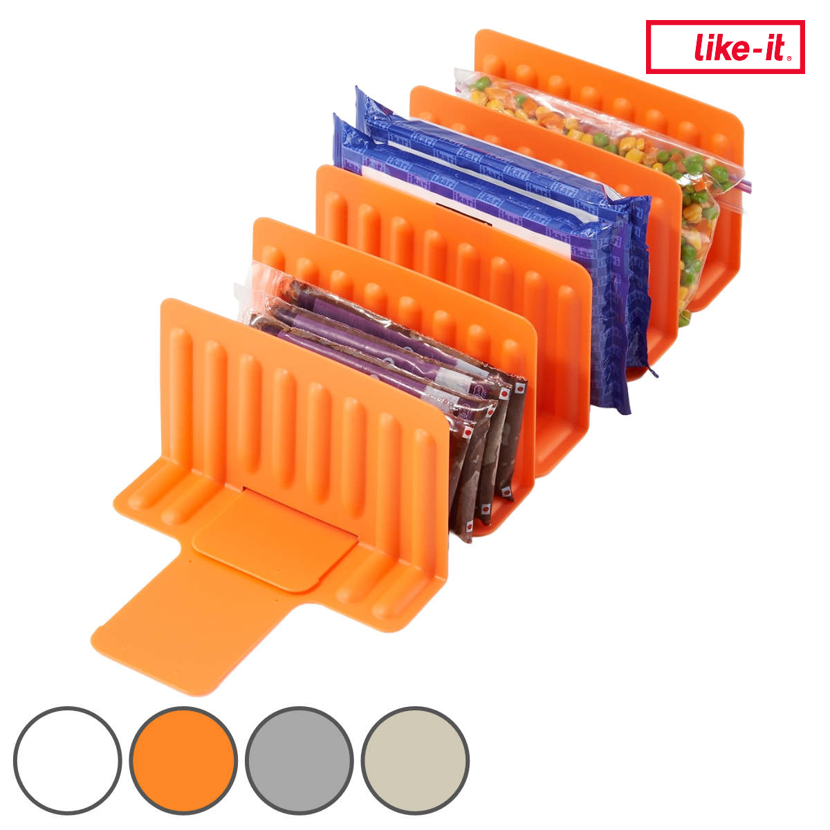 キッチン収納 冷凍庫スタンド 仕切り5枚組 （ 冷蔵庫収納 冷凍庫収納 整理ボックス 整理用品 お片付け キッチン 収納 冷蔵庫 冷凍庫 キッチン用品 キッチン雑貨 収納上手 仕切り板 小物収納 スライド 伸縮 庫内 立てて入れる 5枚 ） 【オレンジ】