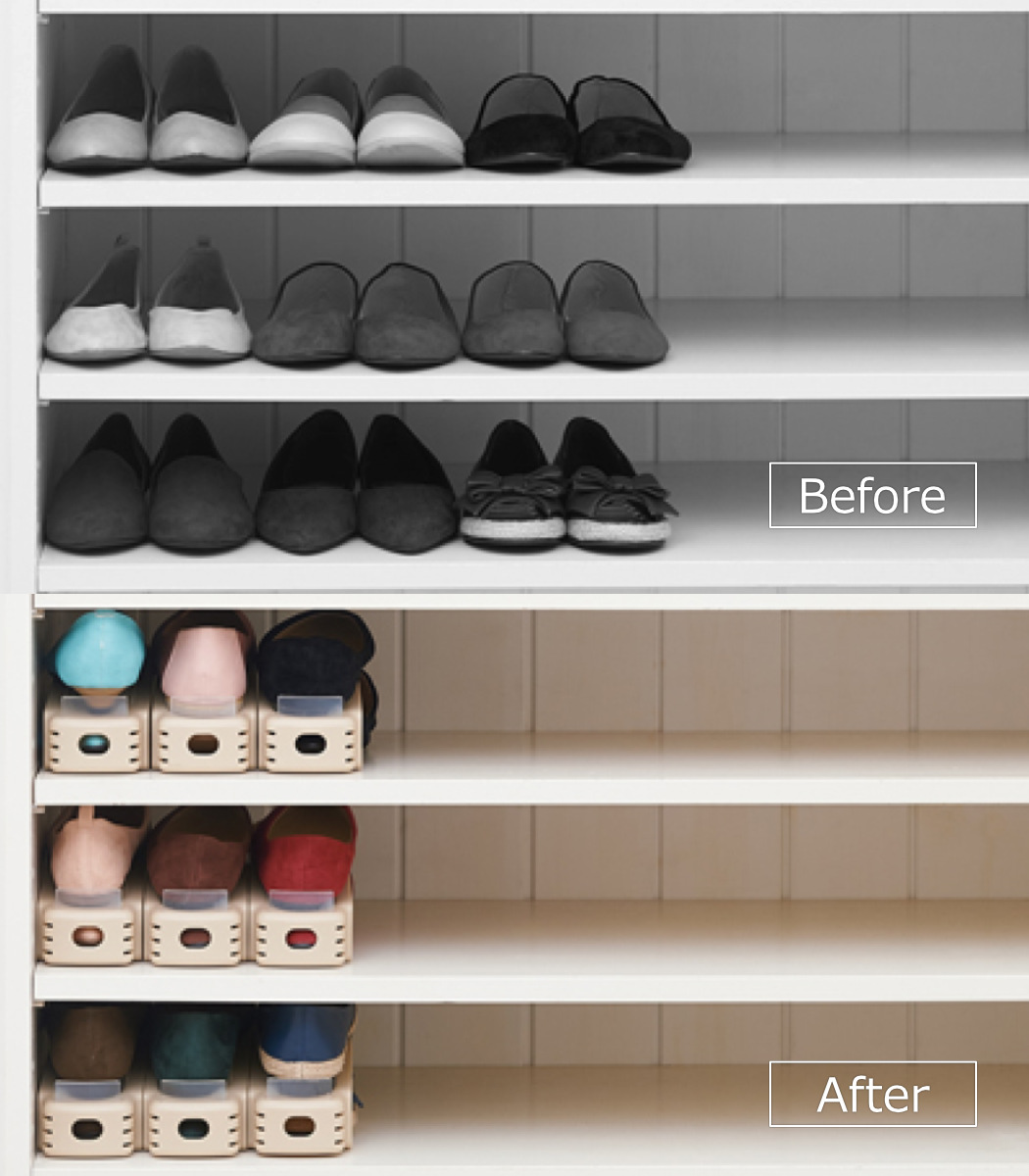 靴 収納 6個入り くつホルダー ローファータイプ スリム ( 靴ホルダー 幅8cm スリムタイプ ローヒール 靴収納 シューズ くつ ホルダー 省スペース 互い違い 靴箱 シューズホルダー すべり止め クツ ケース ラック レディース 6個 )