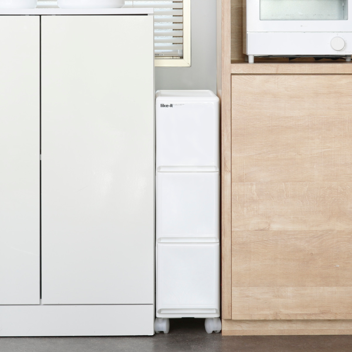 キッチンストッカー ラグドロワ 3段 スリム 光沢パネル 幅17cm ( 収納ストッカー キャスター付き ラスチック 収納ケース 隙間収納 ワゴン キッチン収納 引き出し 隙間 すき間 整理 片付け キッチン リビング 洗面所すき間収納 ) 【ホワイト】 ホワイト