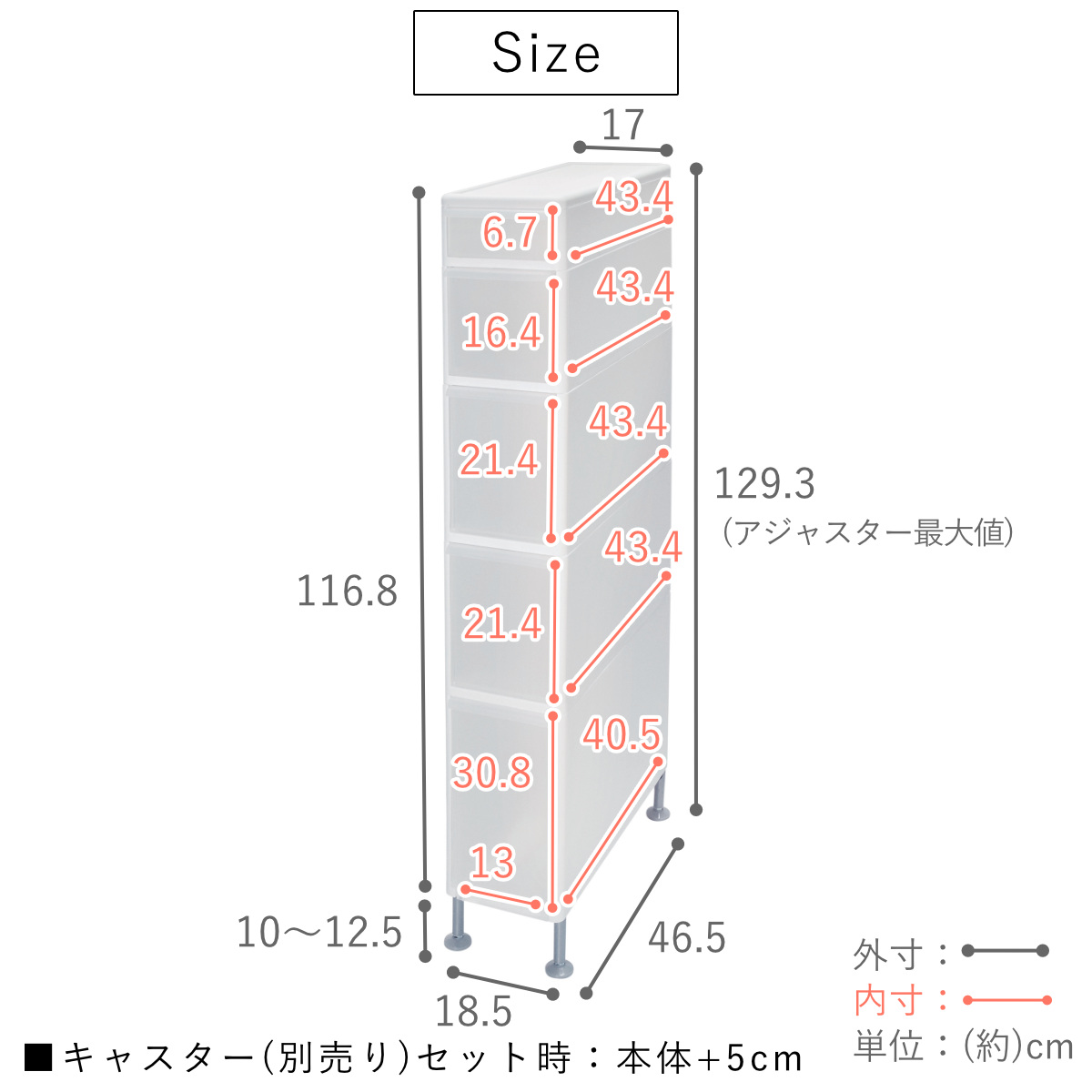 キッチンストッカー 幅17cm 5段 アジャスター付き スリムストレージ TS-10211A ( キッチン収納 キッチン スリム ストッカー 隙間収納 スリムキッチンラック スリムストッカー すき間収納 洗面所 脱衣所 プラスチック製 )
