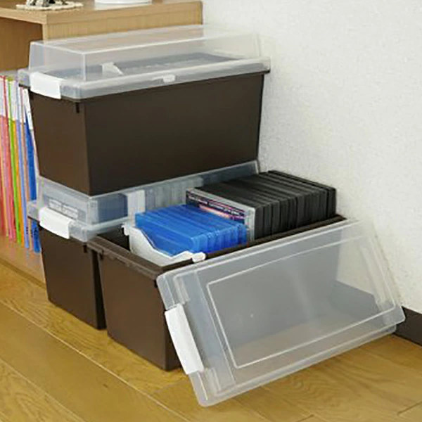 収納ケース メディア収納ボックス DVD・CD・BDケース ( 収納 ボックス ケース プラスチック フタ付き 仕切り板付き 積み重ね スタッキング 収納ボックス 文庫本 新書判 ブルーレイ ふた 蓋 付き 日本製 ) 【ブラウン】 ブラウン