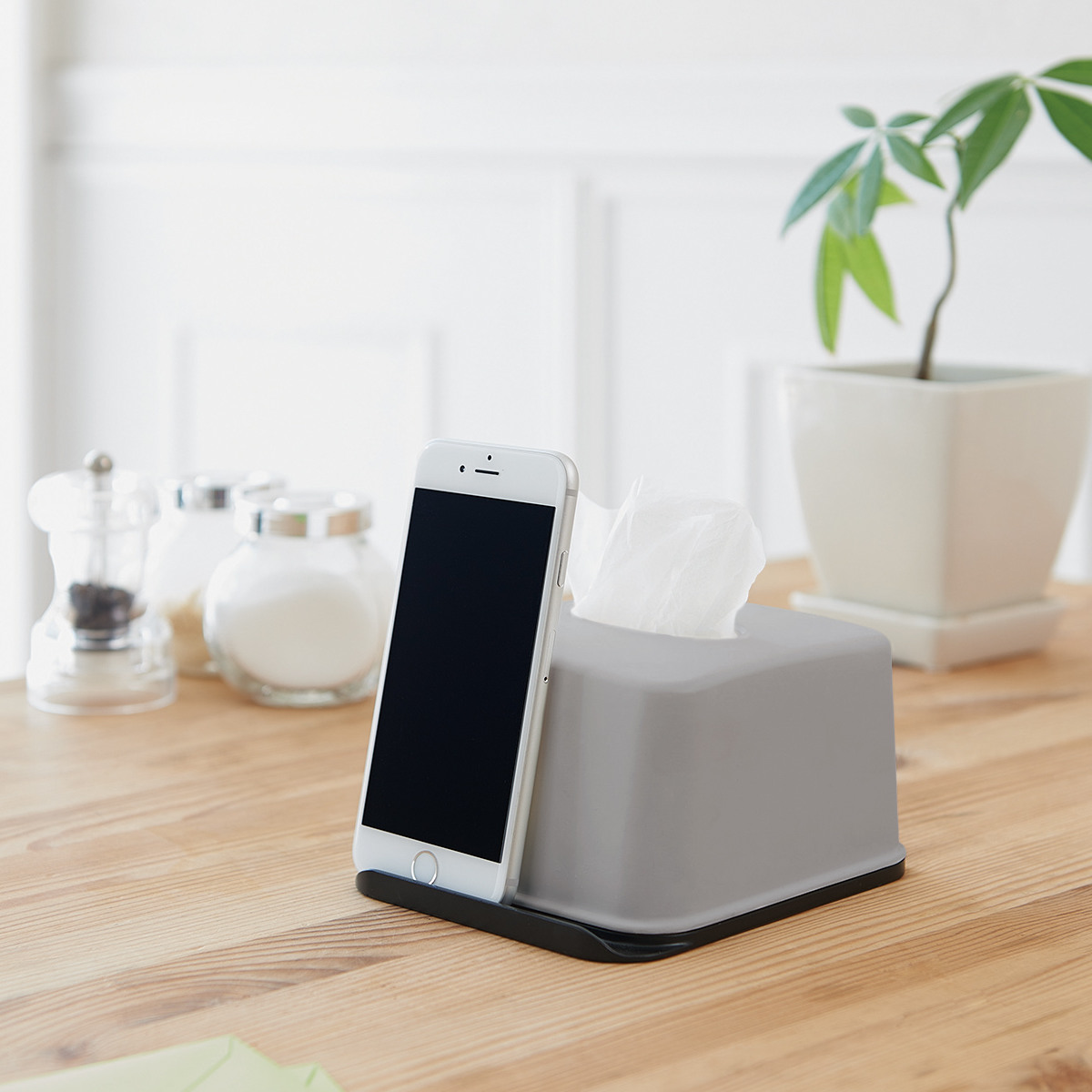 ティッシュケース 再生材 ハーフティッシュボックス スマホスタンド ( ティッシュ ハーフ ハーフサイズ スマホ スタンド 便利 収納 節約 コンパクト リビング キッチン 洗面所 再生プラスチック エコ インテリア 卓上 ) 【グレー】 グレー