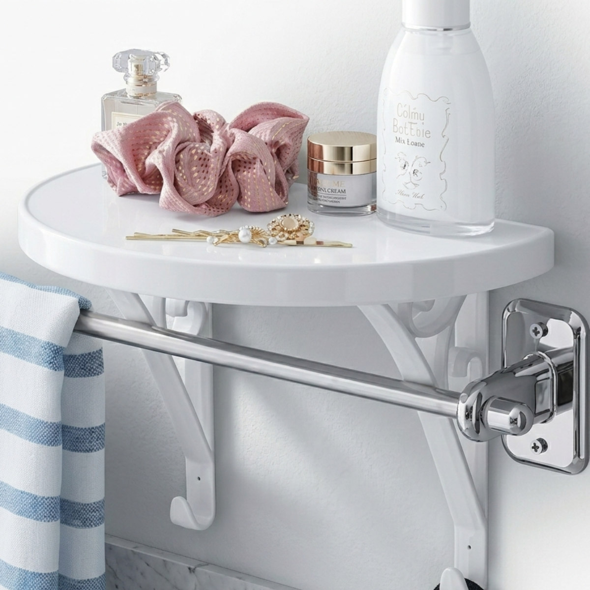 収納 洗面所 タオルバーシェルフ ラウンド ( シェルフ 棚 収納棚 飾り棚 タオルバー タオル上 タオルバーラック タオル上ラック 壁面 トレー フック シンプル 簡単組み立て )