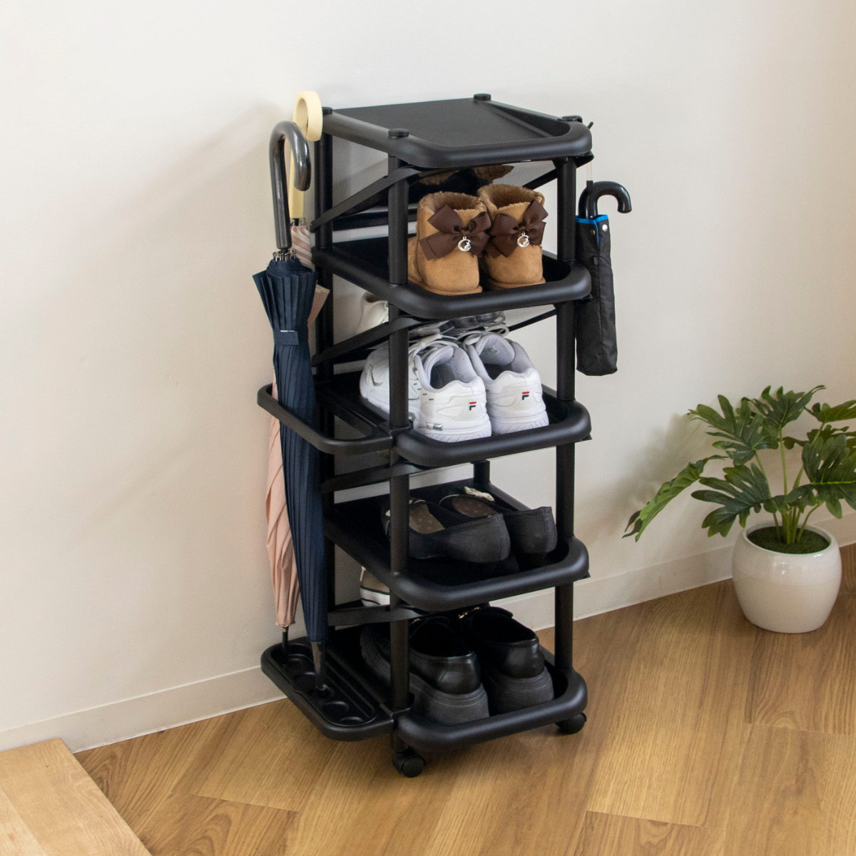 シューズラック 大容量 9段 斜め収納 エタージ キャスター付 （ シューズスタンド 靴収納 下駄箱 靴 収納 ラック 傘立て スリム 簡単 組み立て 玄関 シューズ 傘たて 玄関収納 省スペース シューズボックス ）
