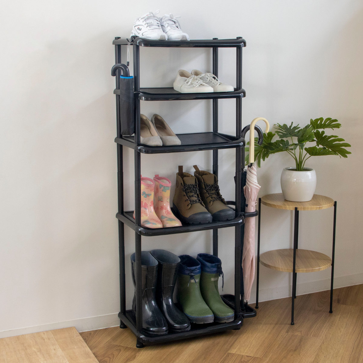シューズラック 5段 ロング 省スペース 傘ラック付き （ シューズスタンド 靴収納 下駄箱 靴 収納 ラック 傘立て スリム 簡単 組み立て 玄関 シューズ 傘たて 玄関収納 省スペース シューズボックス ）