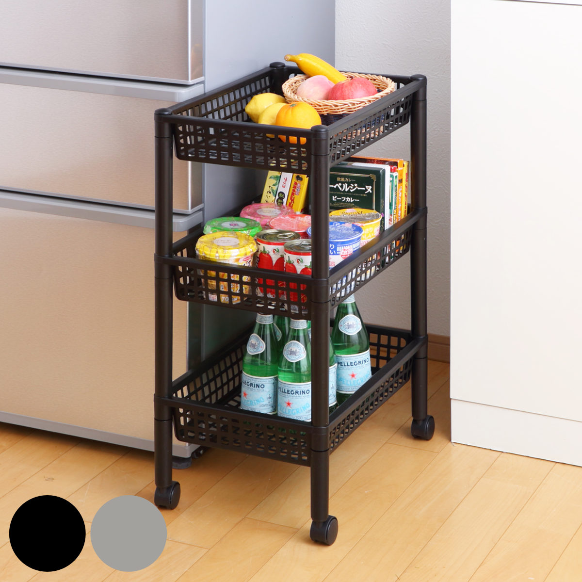 キッチンワゴン ステージワゴン 3段 メッシュカゴ ( キャスター付き スリム キッチンラック キッチンストッカー 収納ワゴン サイドワゴン マルチワゴン ストッカー すき間 隙間 メッシュ かご 収納 キッチン 洗面所 脱衣所 ) 【ブラック】