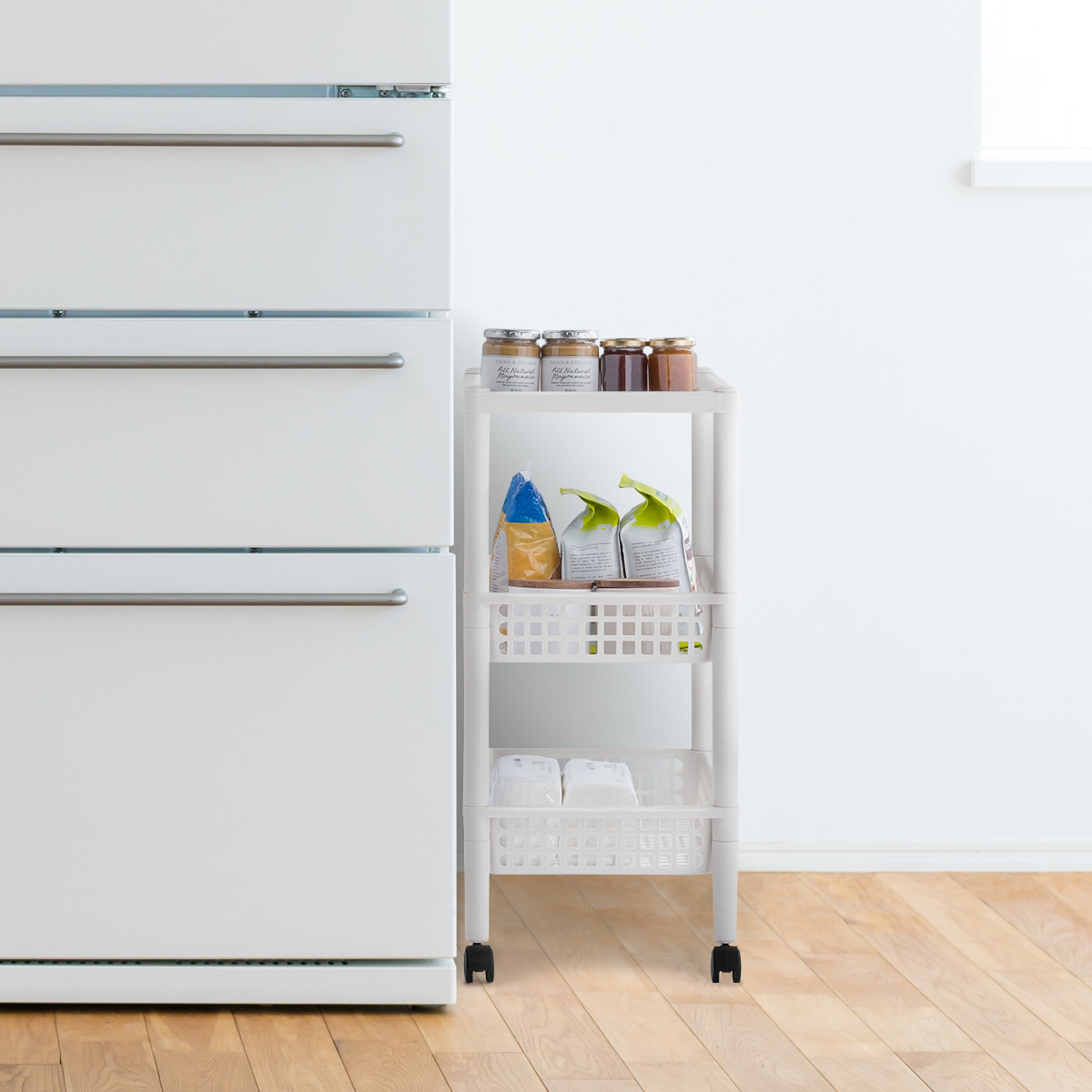 キッチンワゴン ステージワゴン 天板付き 3段 メッシュカゴ ライクイット ( キャスター付き スリム キッチンラック キッチンストッカー 収納ワゴン マルチワゴン ストッカー すき間 メッシュ かご キッチン 洗面所 like-it ) 【ブラック】 ブラック