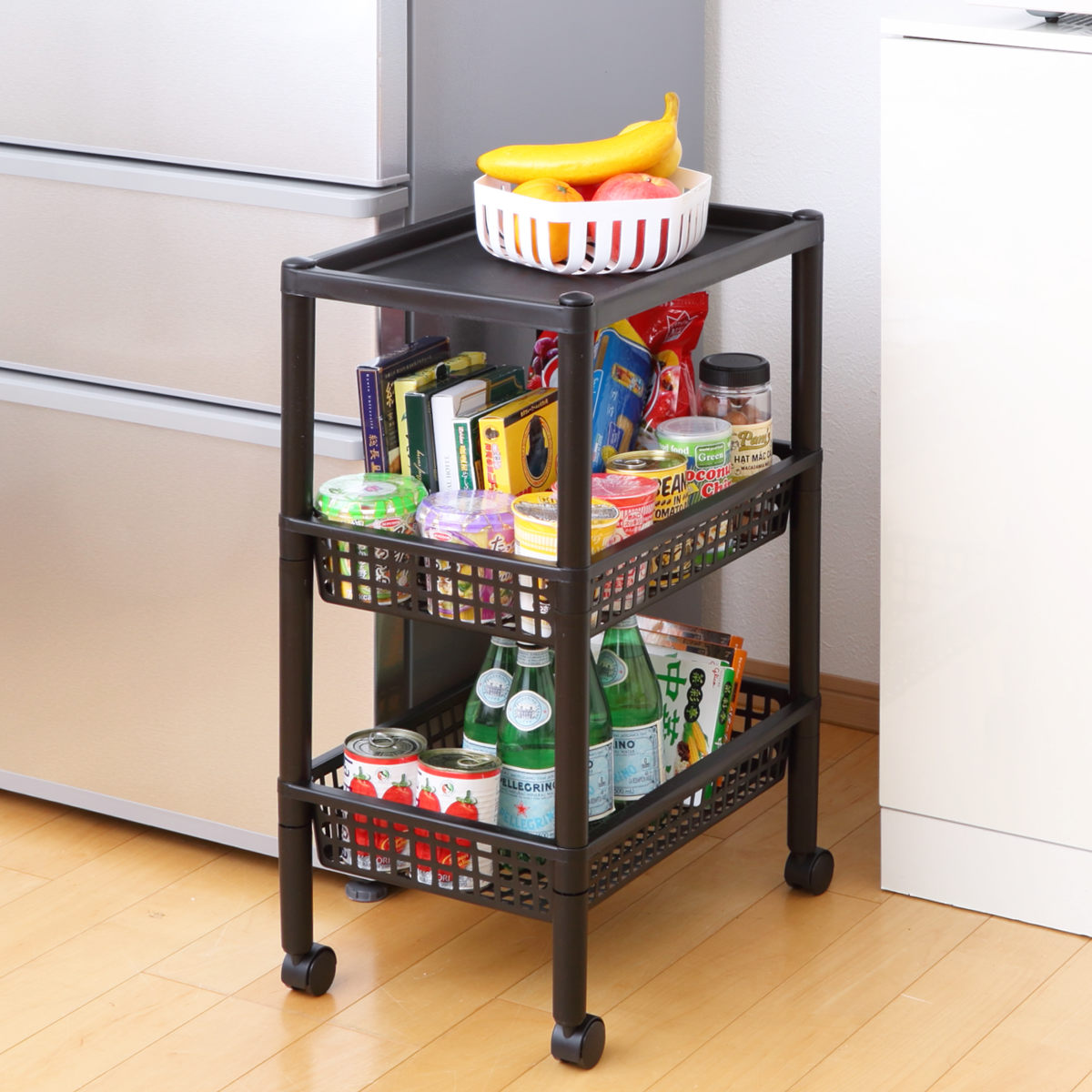 キッチンワゴン ステージワゴン 天板付き 3段 メッシュカゴ ライクイット ( キャスター付き スリム キッチンラック キッチンストッカー 収納ワゴン マルチワゴン ストッカー すき間 メッシュ かご キッチン 洗面所 like-it ) 【ブラック】 ブラック