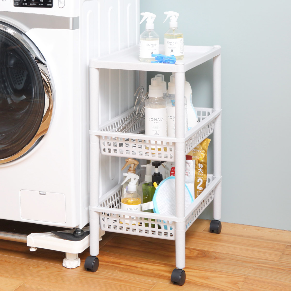 キッチンワゴン ステージワゴン 天板付き 3段 メッシュカゴ ライクイット ( キャスター付き スリム キッチンラック キッチンストッカー 収納ワゴン マルチワゴン ストッカー すき間 メッシュ かご キッチン 洗面所 like-it ) 【ブラック】 ブラック