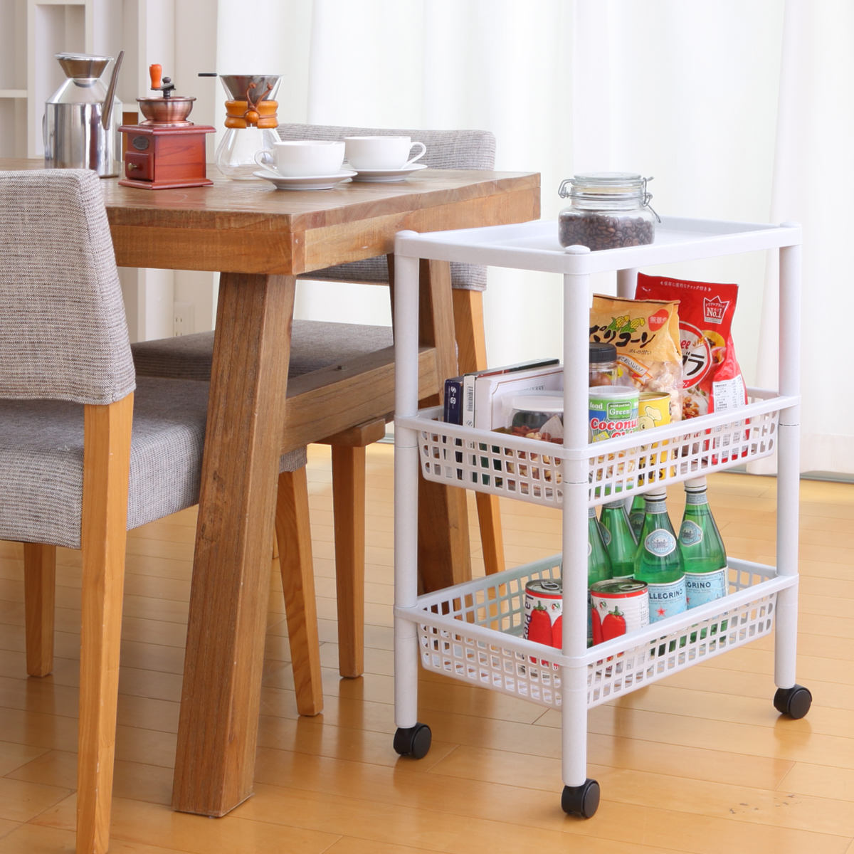 キッチンワゴン ステージワゴン 天板付き 3段 メッシュカゴ ライクイット ( キャスター付き スリム キッチンラック キッチンストッカー 収納ワゴン マルチワゴン ストッカー すき間 メッシュ かご キッチン 洗面所 like-it ) 【ブラック】 ブラック