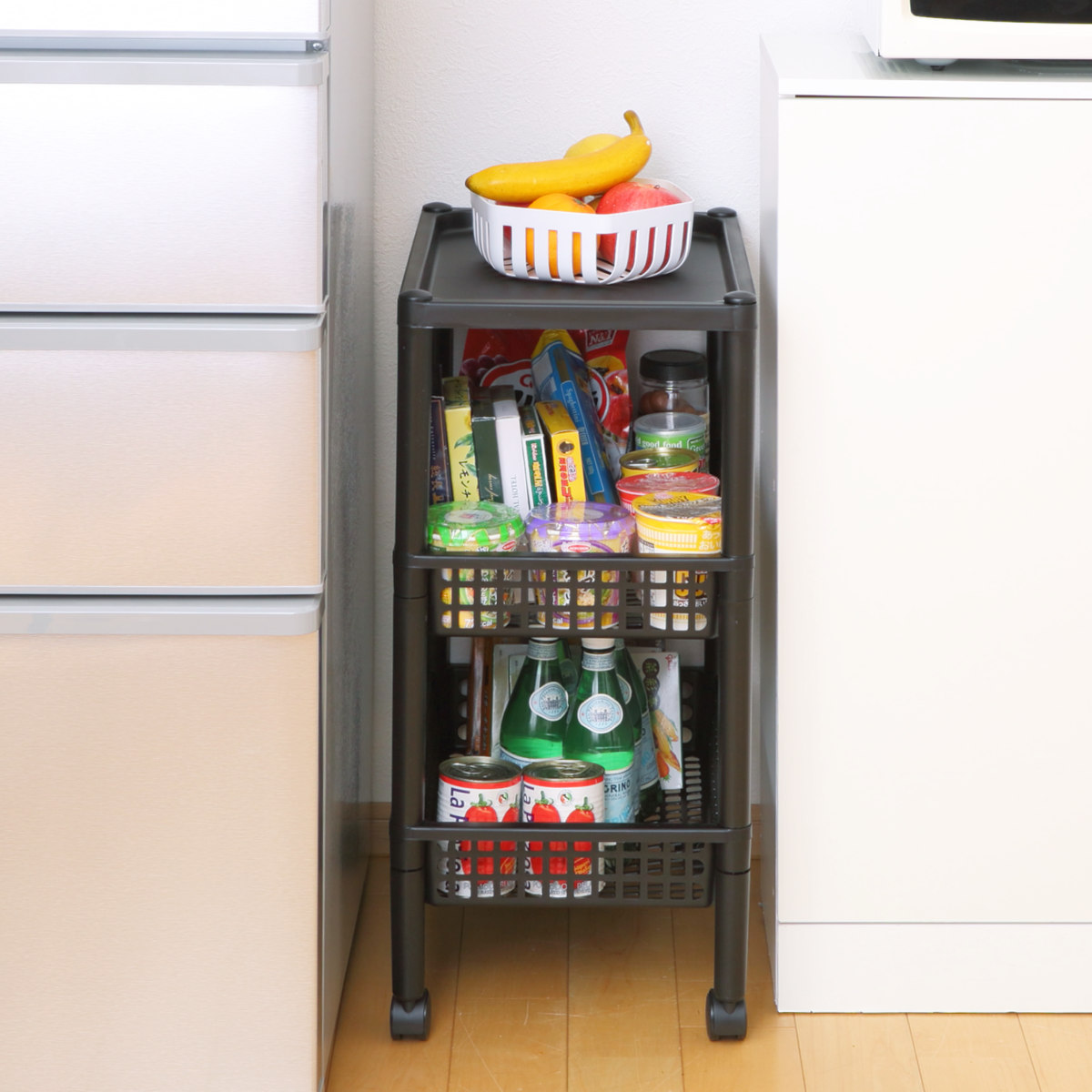 キッチンワゴン ステージワゴン 天板付き 3段 メッシュカゴ ライクイット ( キャスター付き スリム キッチンラック キッチンストッカー 収納ワゴン マルチワゴン ストッカー すき間 メッシュ かご キッチン 洗面所 like-it ) 【ブラック】 ブラック