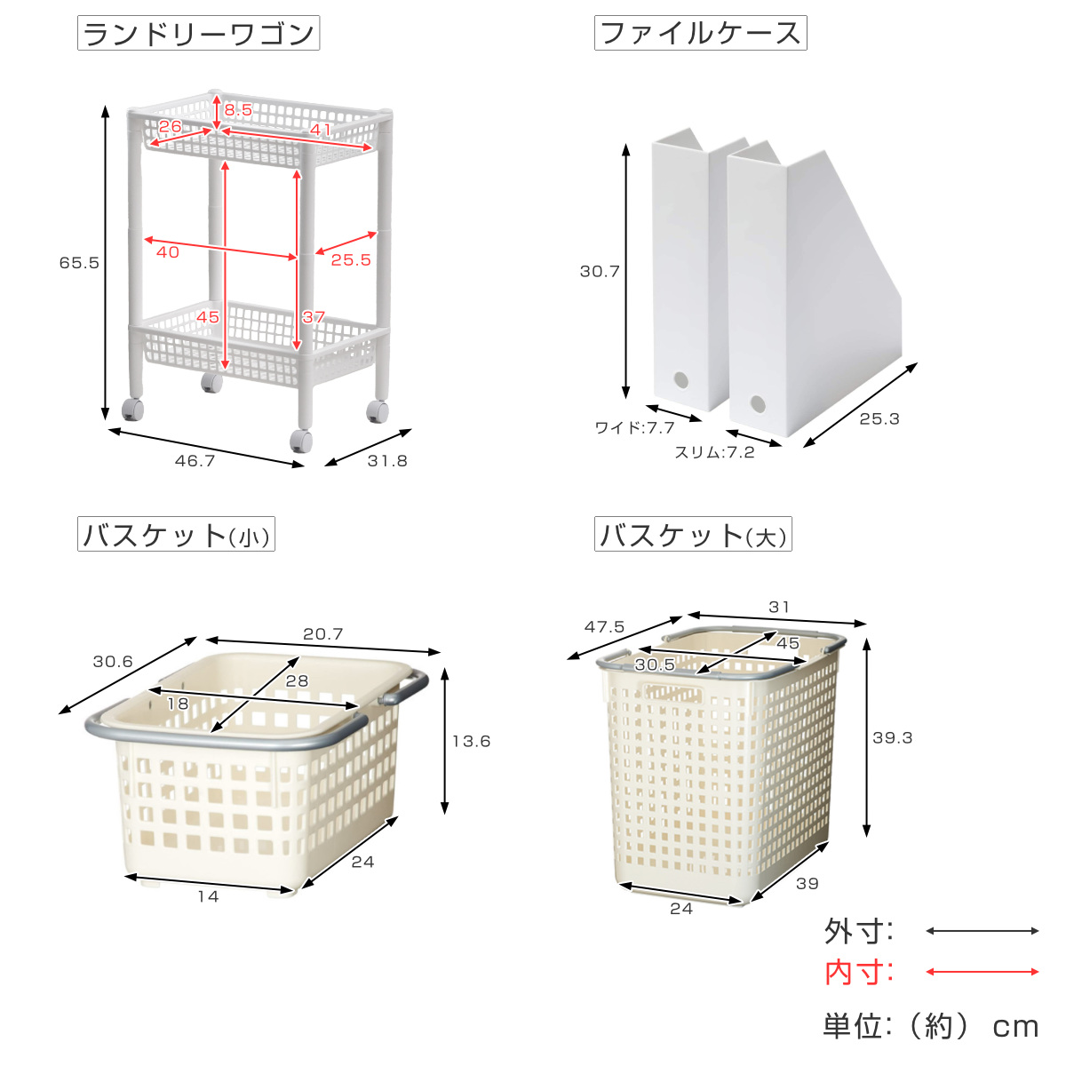 ランドリーワゴンセット バスケットタイプ SCB-5 ( ランドリーワゴン ランドリーバスケット ファイルケース 4点セット セット 洗濯かご 脱衣かご 洗濯グッズ ワゴン バスケット 収納 ランドリー 洗濯物入れ 洗面所 脱衣所 洗濯用品 ) 【オールホワイト】 オールホワイト