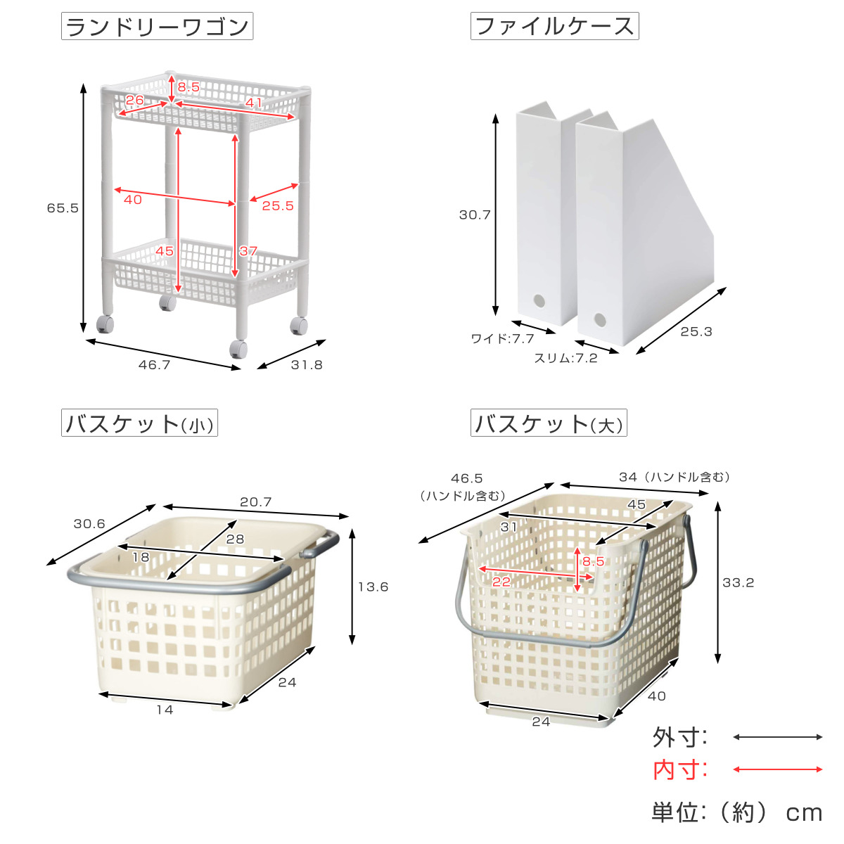 ランドリーワゴンセット バスケットタイプ SCB-6 ( ランドリーワゴン ランドリーバスケット ファイルケース 4点セット セット 洗濯かご 脱衣かご 洗濯グッズ ワゴン バスケット 収納 ランドリー 洗濯物入れ 洗面所 脱衣所 洗濯用品 ) 【オールホワイト】 オールホワイト