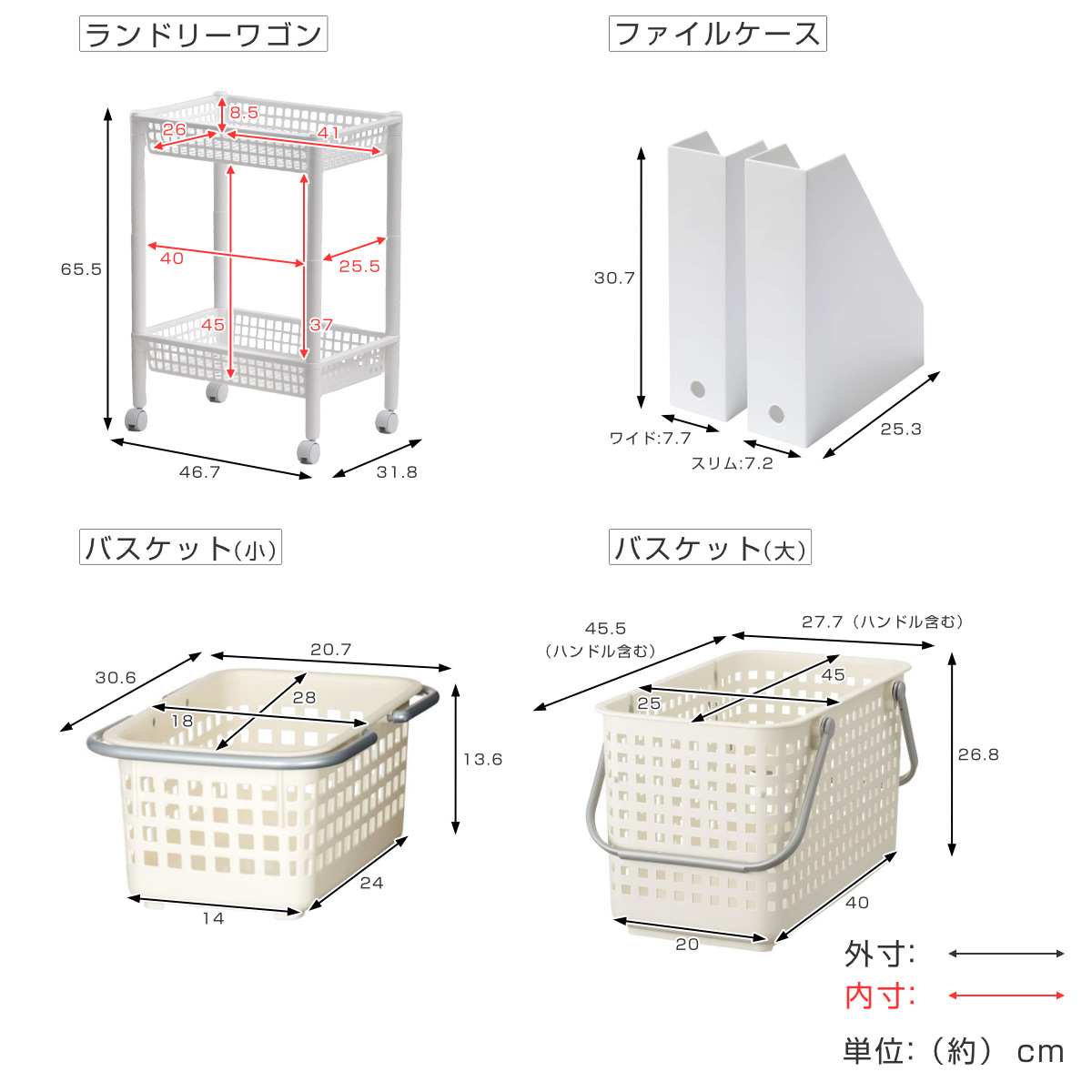 ランドリーワゴンセット バスケットタイプ SCB-11 ( ランドリーワゴン ランドリーバスケット ファイルケース 4点セット セット 洗濯かご 脱衣かご ワゴン バスケット 収納 ランドリー 洗濯物入れ 洗面所 脱衣所 洗濯グッズ ) 【オールホワイト】 オールホワイト