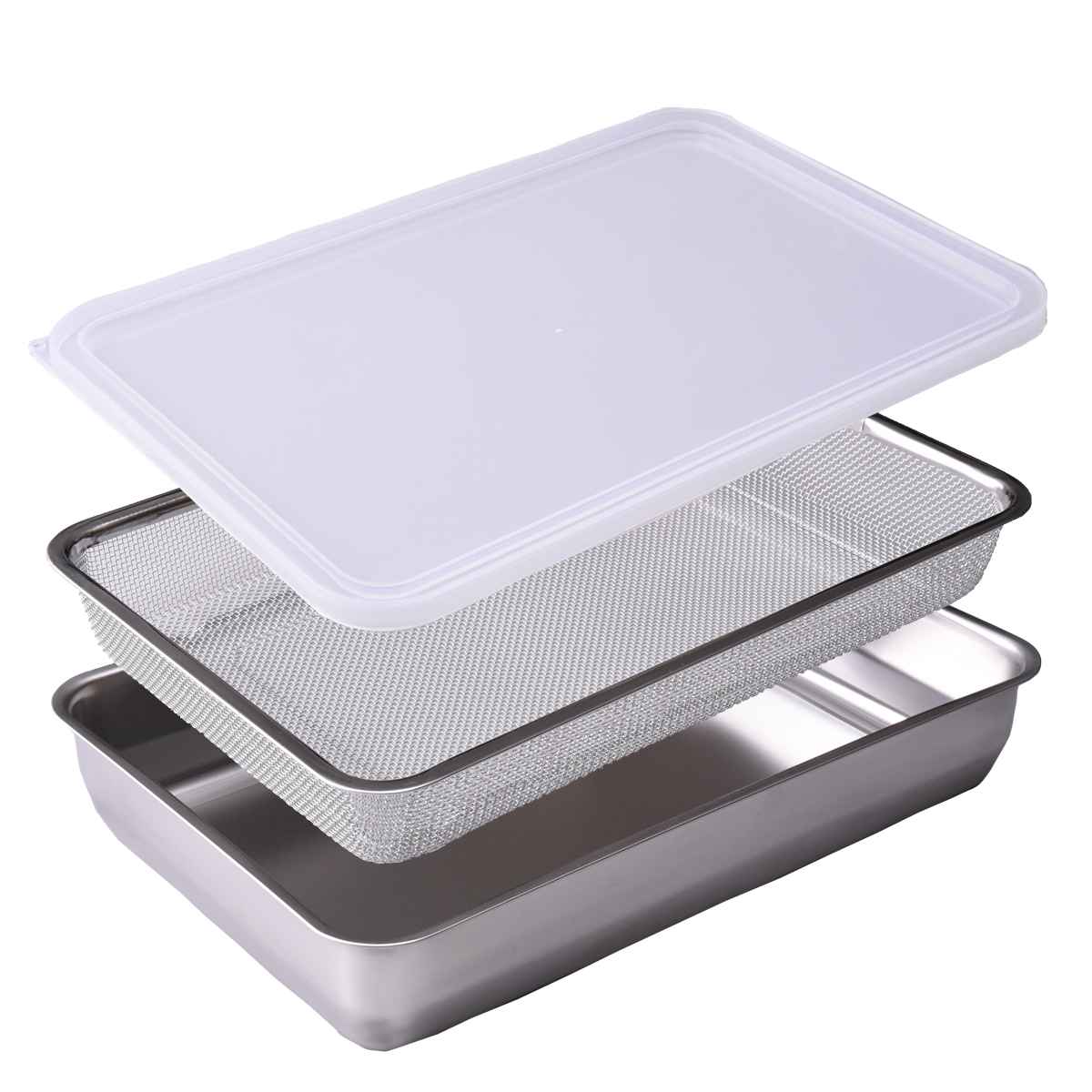 ザル&バット3点セット 1/1サイズ 角型 蓋付き ステンレス製 日本製 お料理はかどる角バット・角ザルセット ( 3点セット バット ザル 浅型 18-8ステンレス 角バット ステンレスバット 大きい 浅型バット 角ザル 使いやすい 丈夫 )