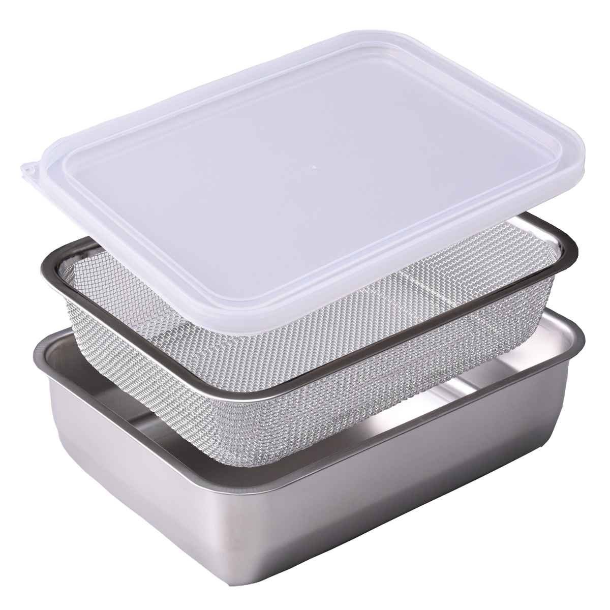 ザル&バット3点セット 1/2サイズ 角型 蓋付き ステンレス製 日本製 お料理はかどる角バット・角ザルセット ( 3点セット バット ザル 浅型 18-8ステンレス 角バット ステンレスバット 浅型バット 角ザル 使いやすい 丈夫 )