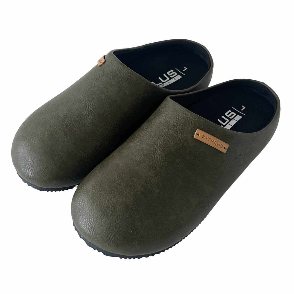 スリッパ KITPLUS KEEPFIT サボサンダル レディース 23.0~24.5cm ( ルームシューズ 室内 外履き おしゃれ 厚底 フェイクレザー サボ ゴム底 オフィス 洗える インソール 屋外 合皮 プレゼント ) 【前閉じオリーブ L】 前閉じオリーブ L