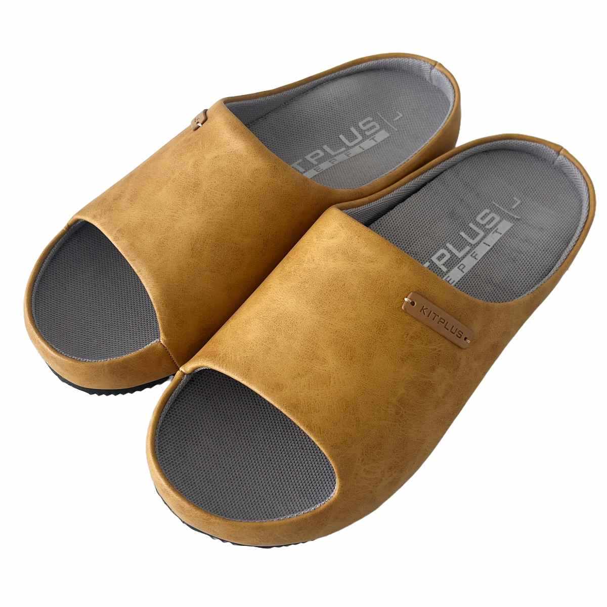 スリッパ KITPLUS KEEPFIT サボサンダル レディース 23.0~24.5cm ( ルームシューズ 室内 外履き おしゃれ 厚底 フェイクレザー サボ ゴム底 オフィス 洗える インソール 屋外 合皮 プレゼント ) 【前開きマスタード L】 前開きマスタード L