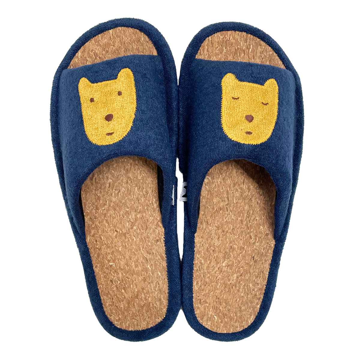 スリッパ のほほん M 約23.0cm ( 室内 レディース マタノアツコ コルクスリッパ パイル生地 アップリケ 刺繍 前開き ルームスリッパ トイレ インテリア雑貨 自宅 室内用 静音 くま ) 【ネイビー】 ネイビー