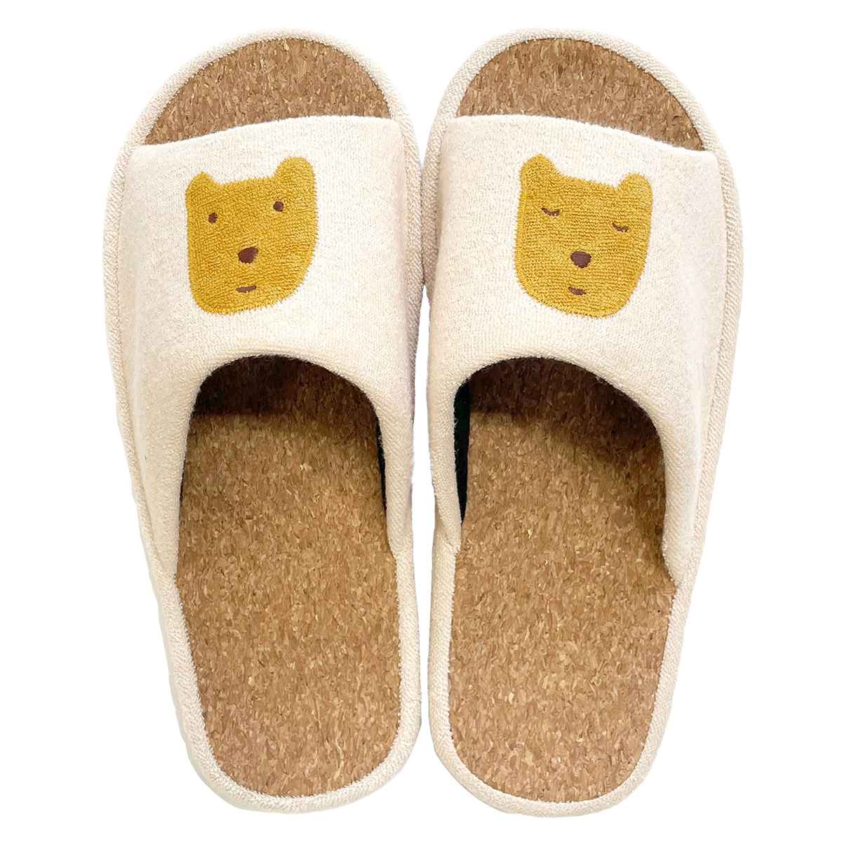 スリッパ のほほん L 約25.0cm ( 室内 マタノアツコ コルクスリッパ パイル生地 アップリケ 刺繍 前開き ルームスリッパ トイレ インテリア雑貨 自宅 室内用 静音 くま ) 【ベージュ】 ベージュ