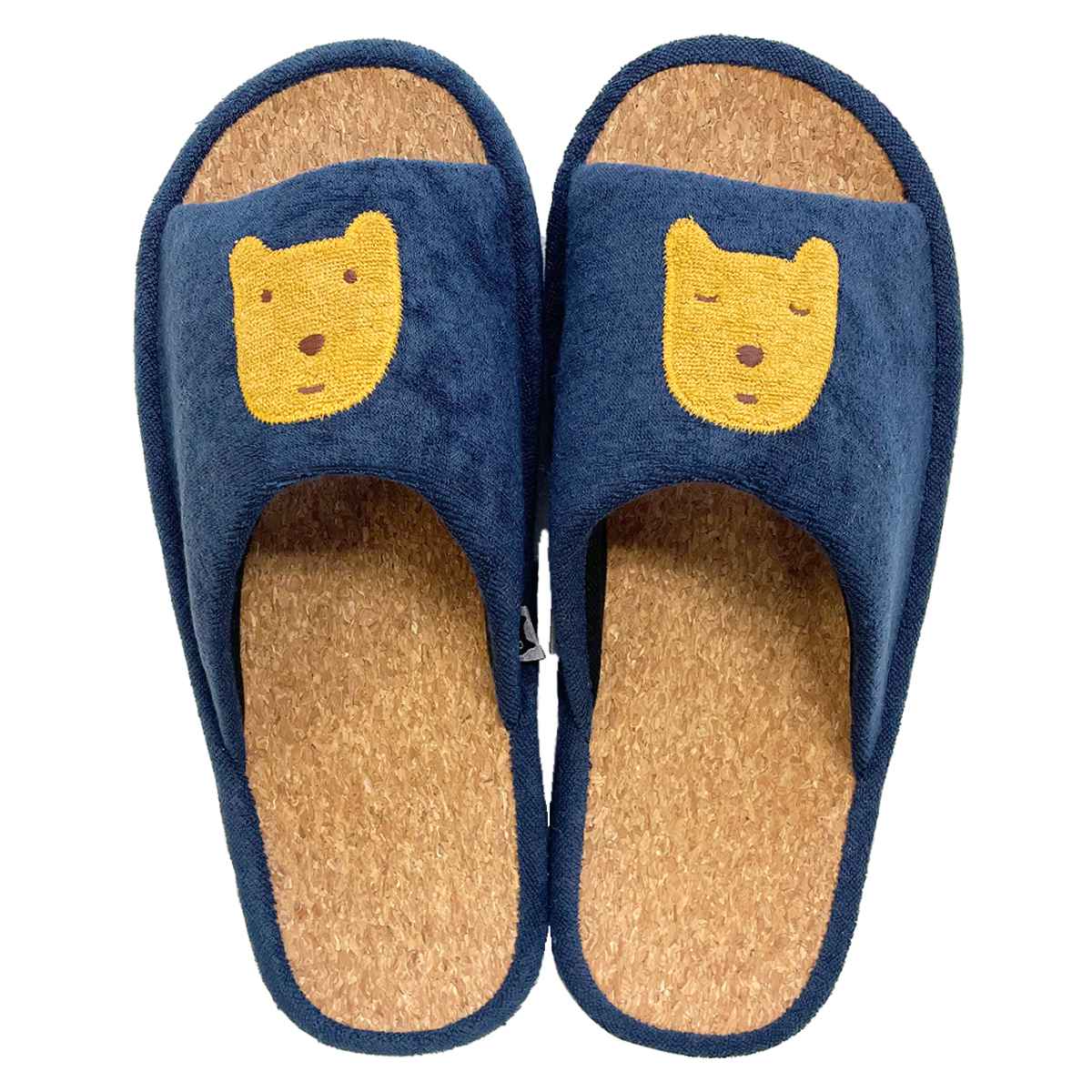 スリッパ のほほん L 約25.0cm ( 室内 マタノアツコ コルクスリッパ パイル生地 アップリケ 刺繍 前開き ルームスリッパ トイレ インテリア雑貨 自宅 室内用 静音 くま ) 【ネイビー】 ネイビー