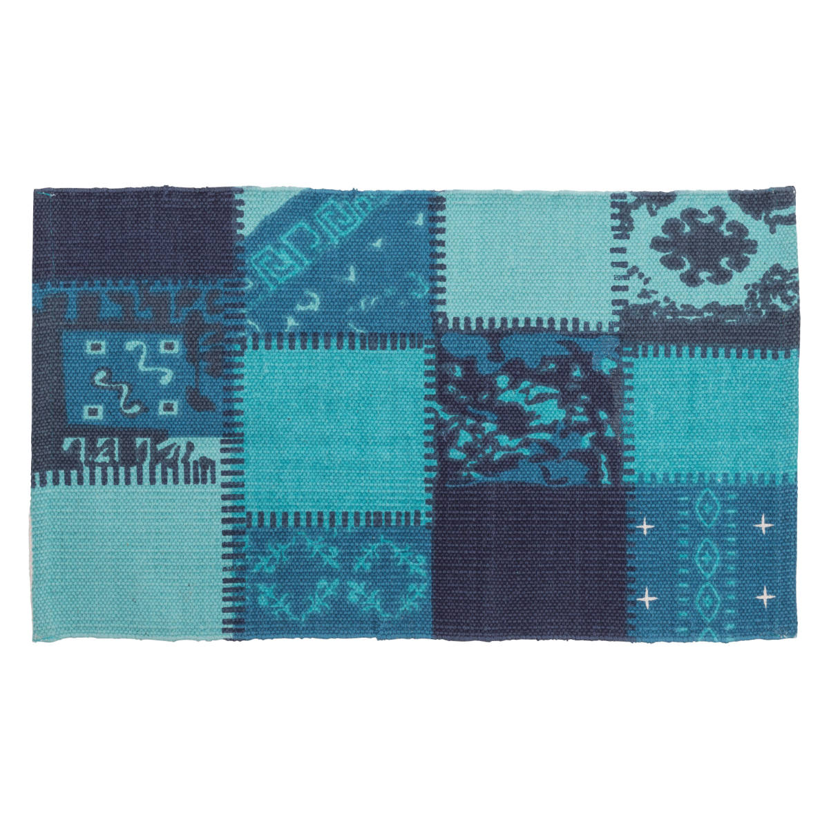 玄関マット 室内 パッチワークミニマット 45×75 ( マット ラグ コットン 敷物 インテリア おしゃれ 薄手 軽量 滑り止め 幅75cm キッチン リビング 寝室 洗面所 ランドリー 室内用マット 玄関 脱衣所 洗面 敷き物 綿 ) 【ブルー】 ブルー