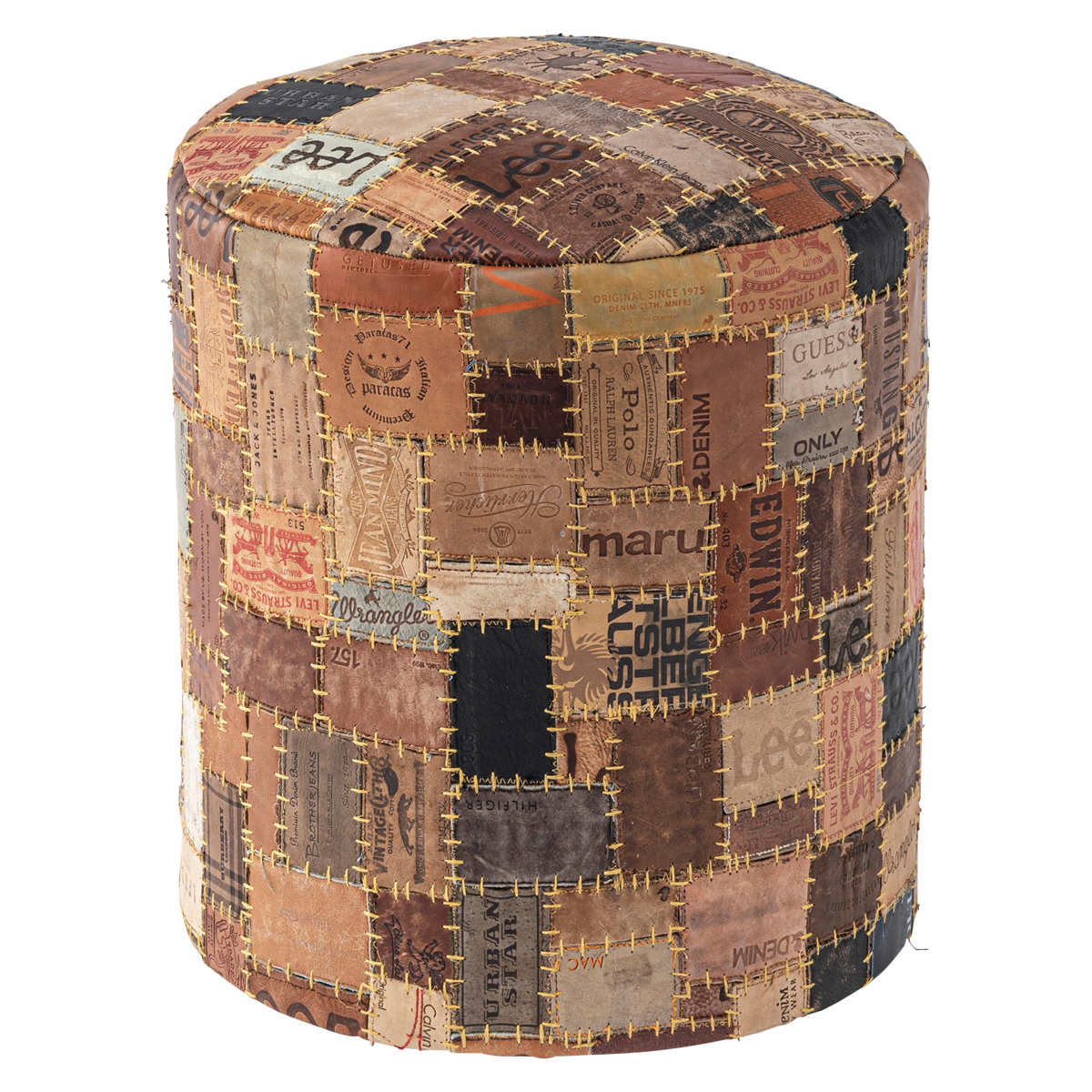 スツール ラウンド 高さ44cm おしゃれ パッチワーク 完成品 ( 椅子 チェア 腰掛け イス ヴィンテージ調 本革 合皮 サイドテーブル オットマン 軽量 丸 革タグ サブチェア 来客用 リビング キッチン 玄関 簡易テーブル 軽い )