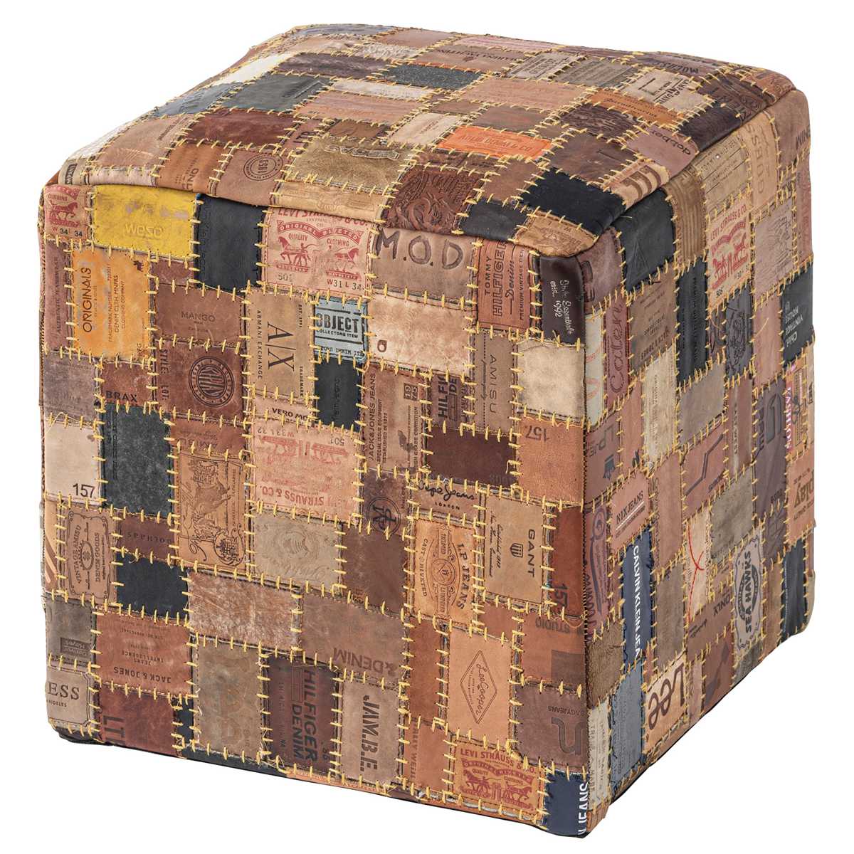 スツール キューブ 高さ44cm おしゃれ パッチワーク 完成品 ( 椅子 チェア 腰掛け イス ヴィンテージ調 本革 合皮 サイドテーブル オットマン 軽量 四角 革タグ サブチェア 来客用 リビング キッチン 玄関 簡易テーブル 軽い )