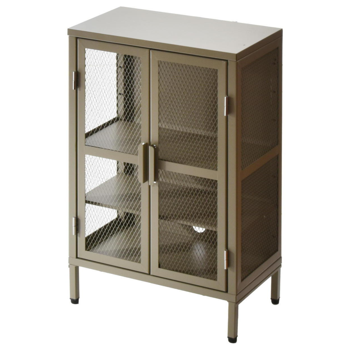 BURUCK ワイドメッシュキャビネット 3段 ( キャビネット スチール 扉 観音開き 両開き メッシュ 棚 幅50.5cm ラック 飾り棚 スリム ディスプレイ キッチン リビング シューズラック 小物収納 ブラック ホワイト カーキ ) 【カーキ】 カーキ