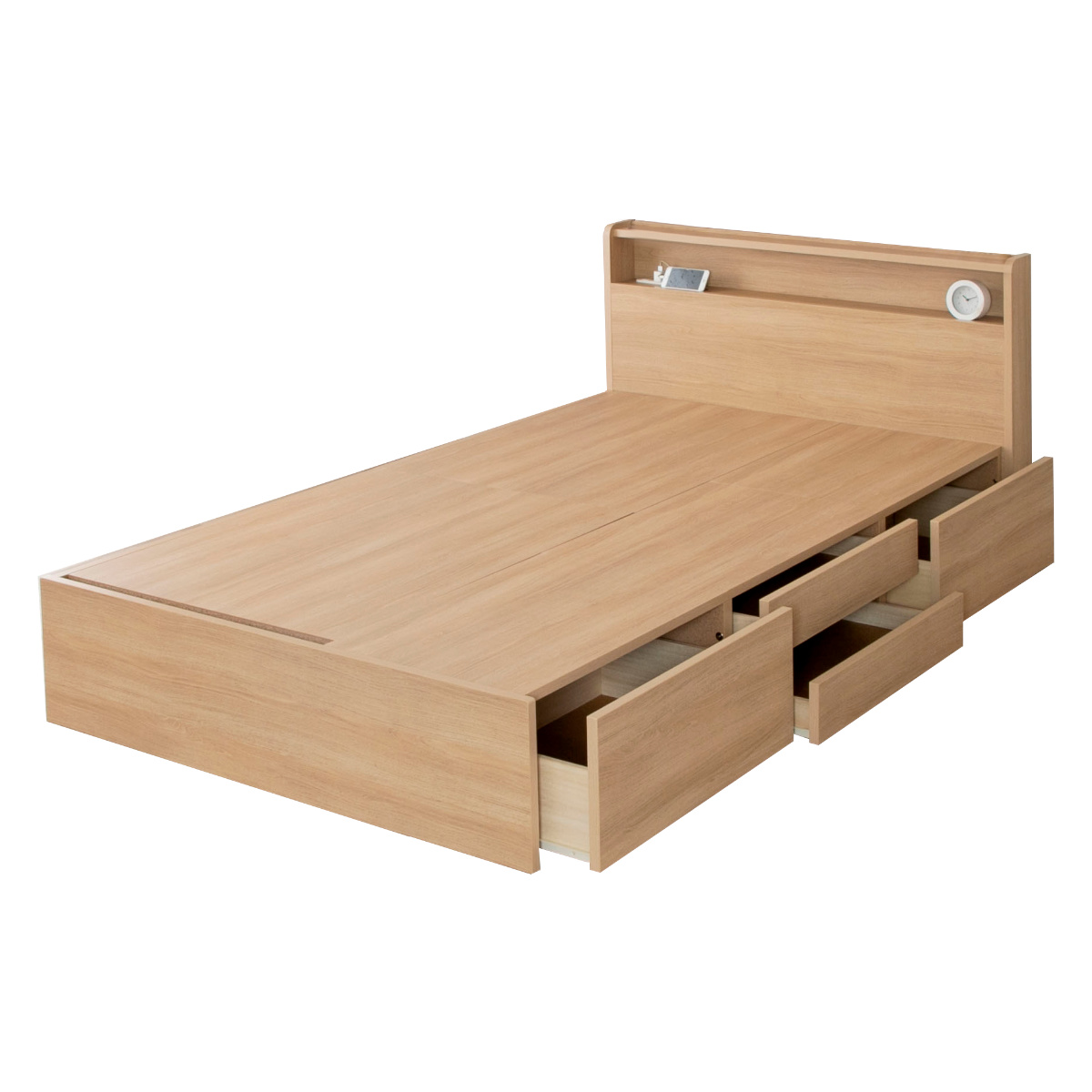 収納付き ベッド セミダブル 引出し4杯 2口コンセント 日本製 Apel ( ベッドフレーム コンセント付 引出し 4杯 棚付 寝具 ベット ナチュラル ホワイト ) 【ナチュラル】 ナチュラル