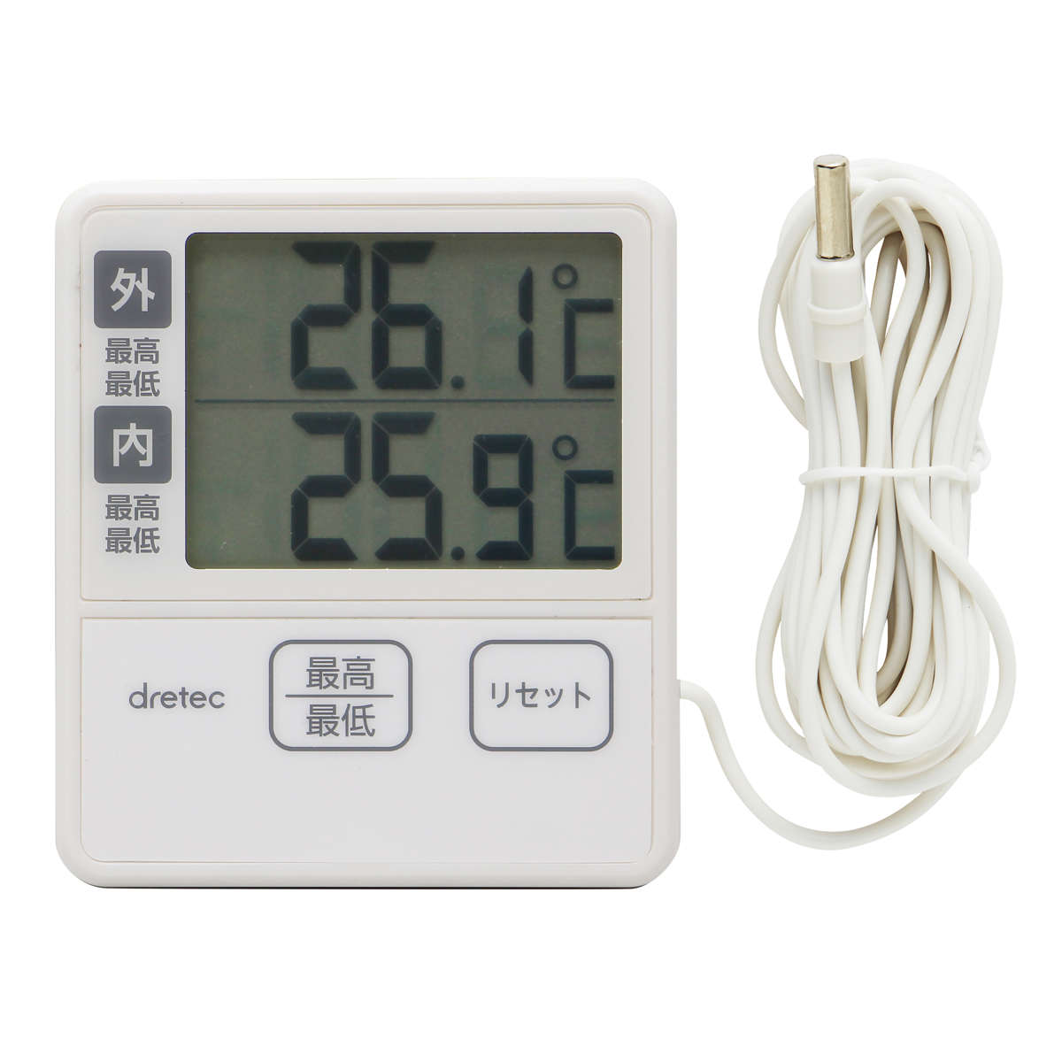 温度計 室内 室外 2箇所計測 ドリテック ( dretec デジタル温度計 水温計 外部センサー付き 電池式 最高 最低 マグネット 冷蔵庫 水槽 温度 測定器 デジタル 見やすい 温度管理 アクアリウム 観葉植物 温室 )