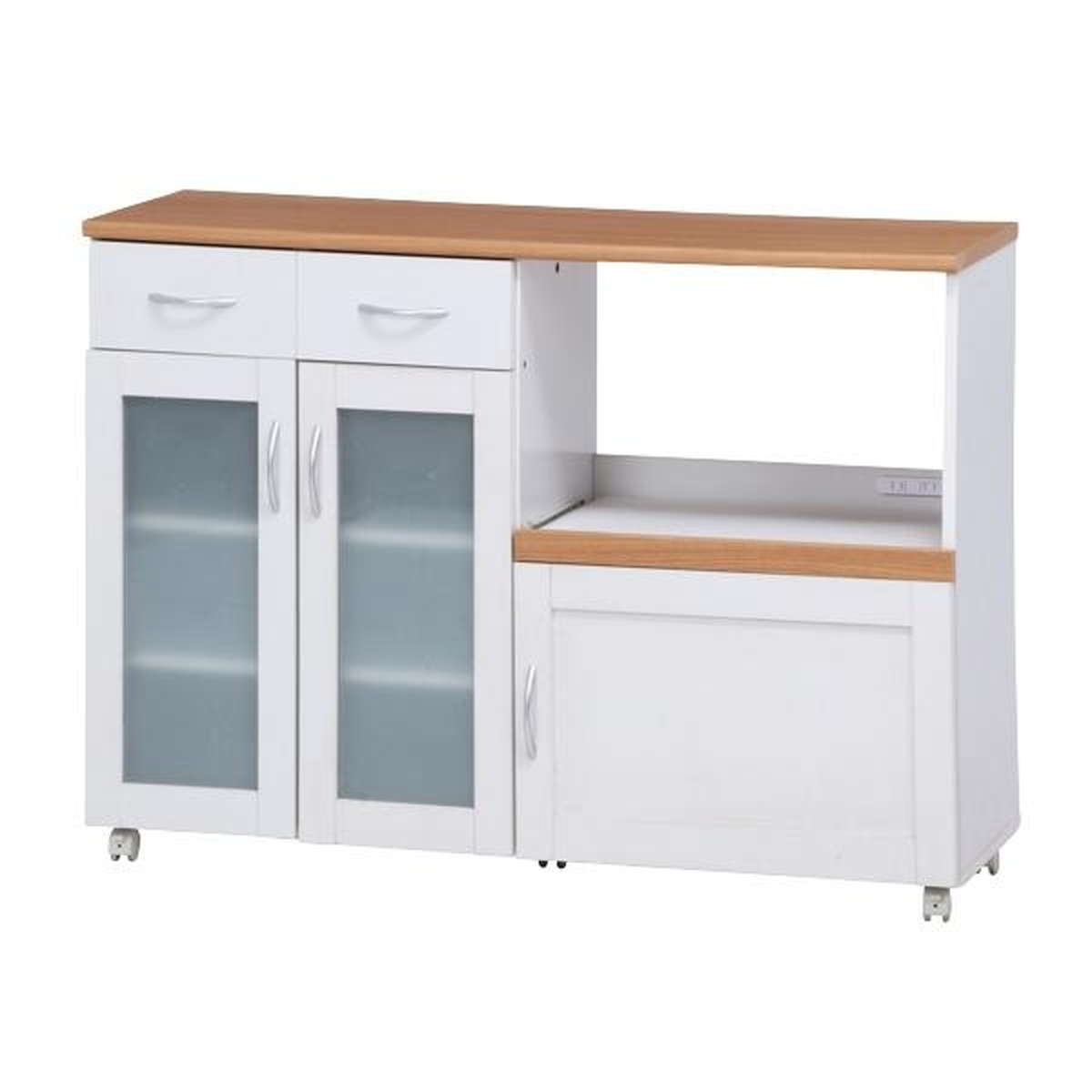 キッチンカウンター 幅120cm フレンチカントリー調 スライド棚 2口コンセント キャスター付 ( カップボード キッチン レンジ台 ワゴン 収納 家電ラック カウンター キッチンボード 収納ラック ラック キャスター コンセント )