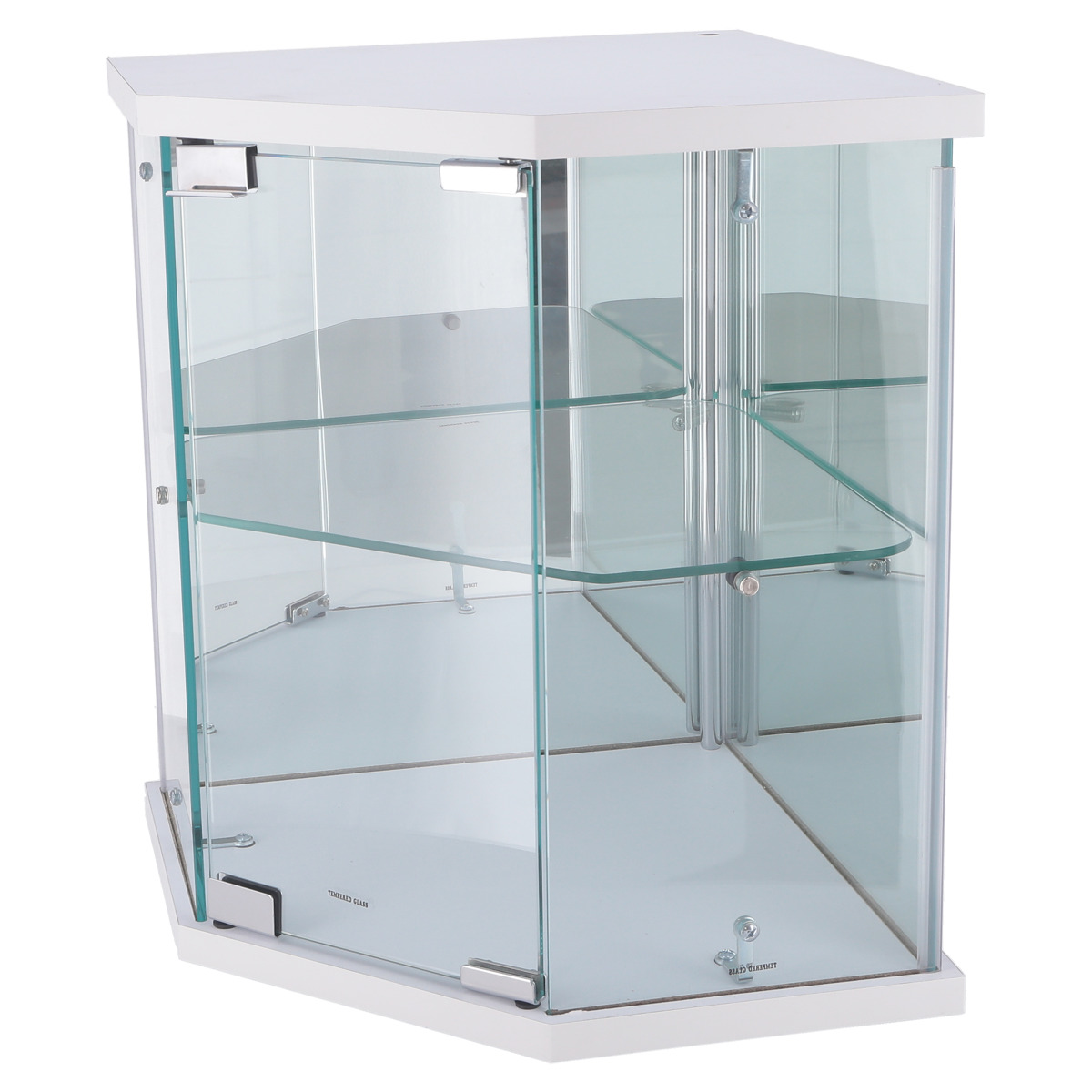 コレクションケース ガラス コーナー型 五角形 背面ミラー ( 卓上 コレクション ラック 棚 ディスプレイ ガラス製 全面ガラス 棚上 収納 展示 フィギュアケース 見せる収納 ホワイト ブラック 白 黒 ) 【ホワイト】 ホワイト