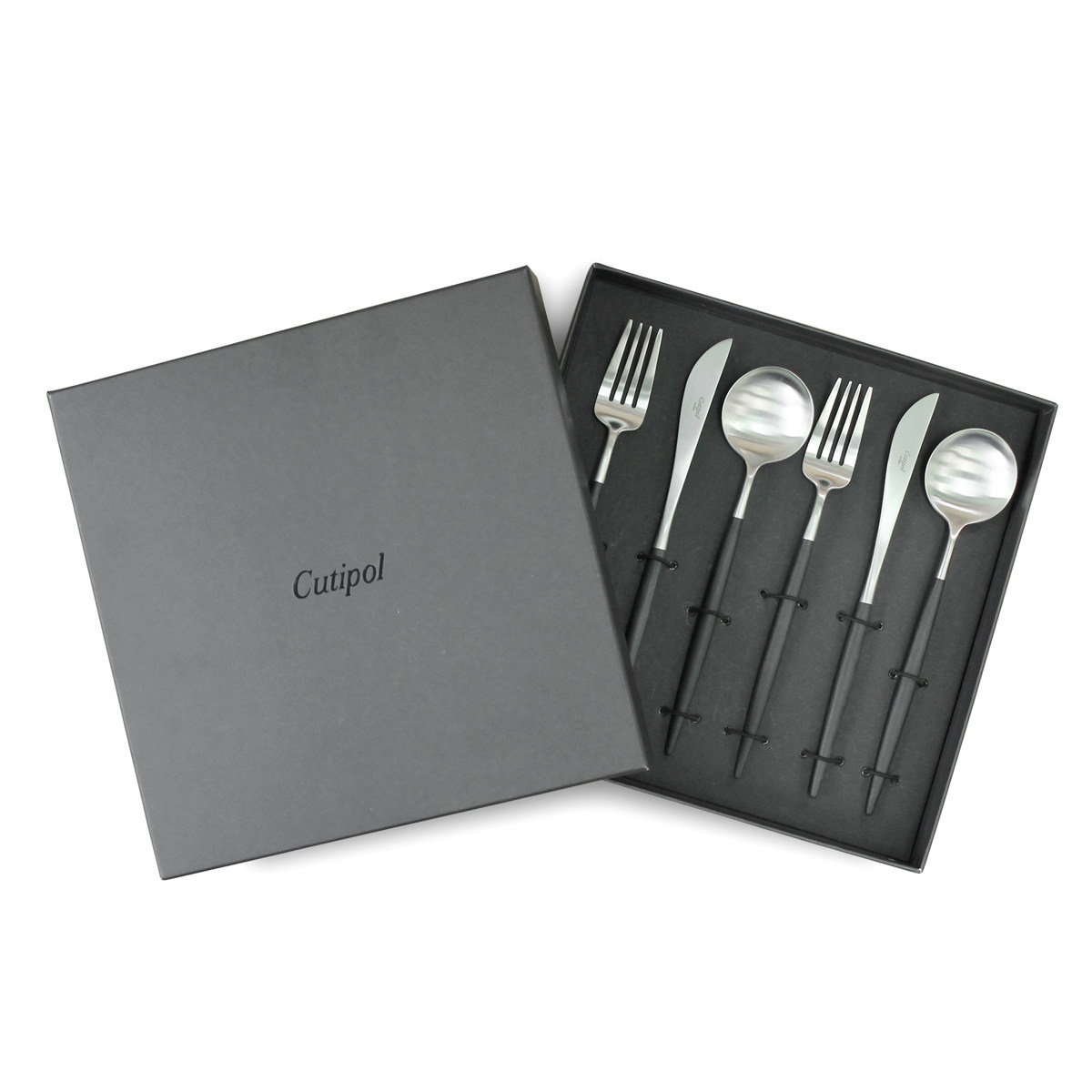 Cutipol クチポール GOA ブラック×シルバー ディナー 6pcsセット ( ディナーナイフ ディナーフォーク ディナースプーン 箱入 ナイフ フォーク スプーン ステンレス カトラリー 正規品 国内正規品 保証書付き おしゃれ かわいい )
