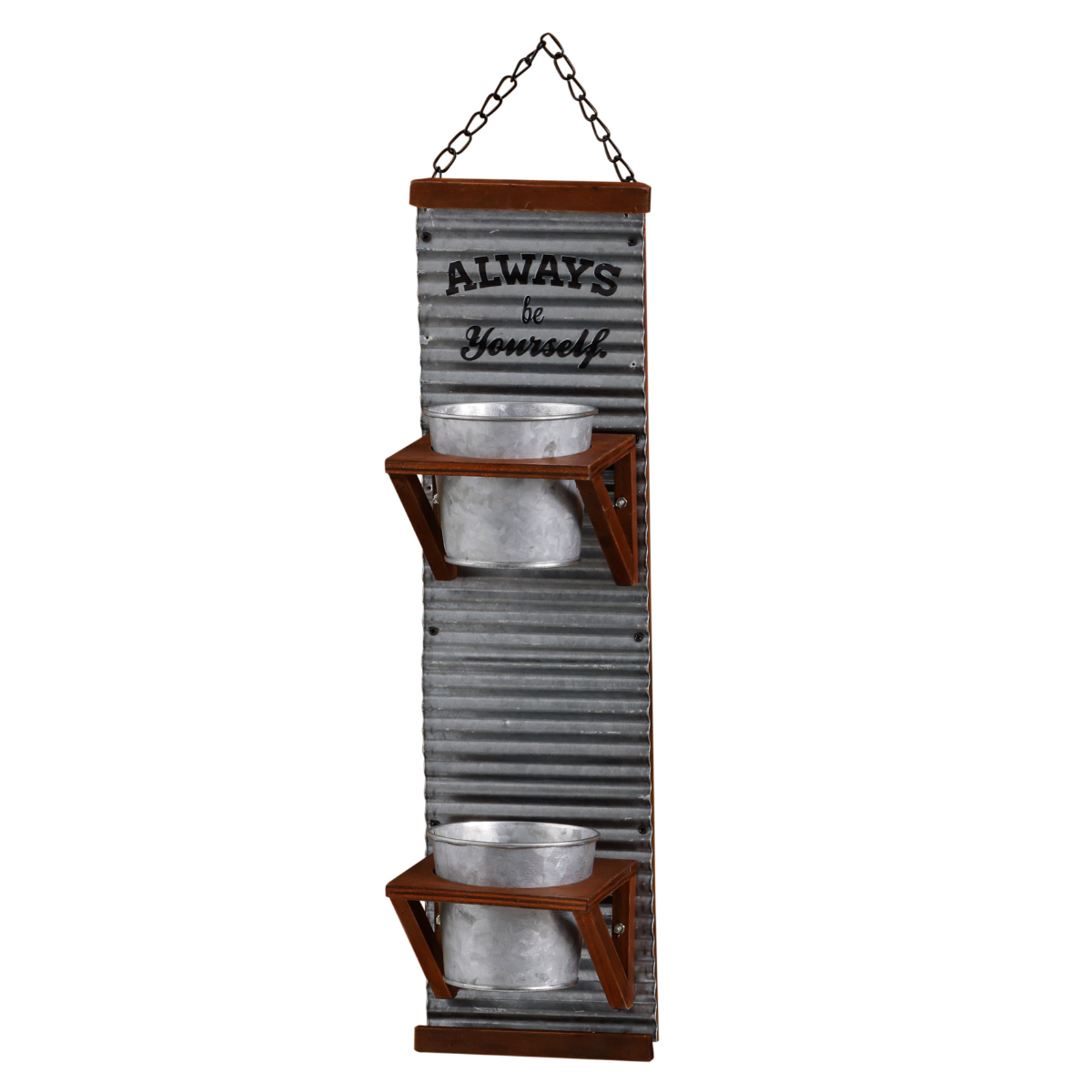 植木鉢 ハンギングポット エコルフェ ( プランターポット 植木ポット アンティーク調 フラワーポット アイアン 多肉植物 観葉植物 引っ掛け 吊り下げ 壁掛け ハンギング 植物用ポット 花器 鉢 プランター トタン 天然木 ) 【シルバー】 シルバー