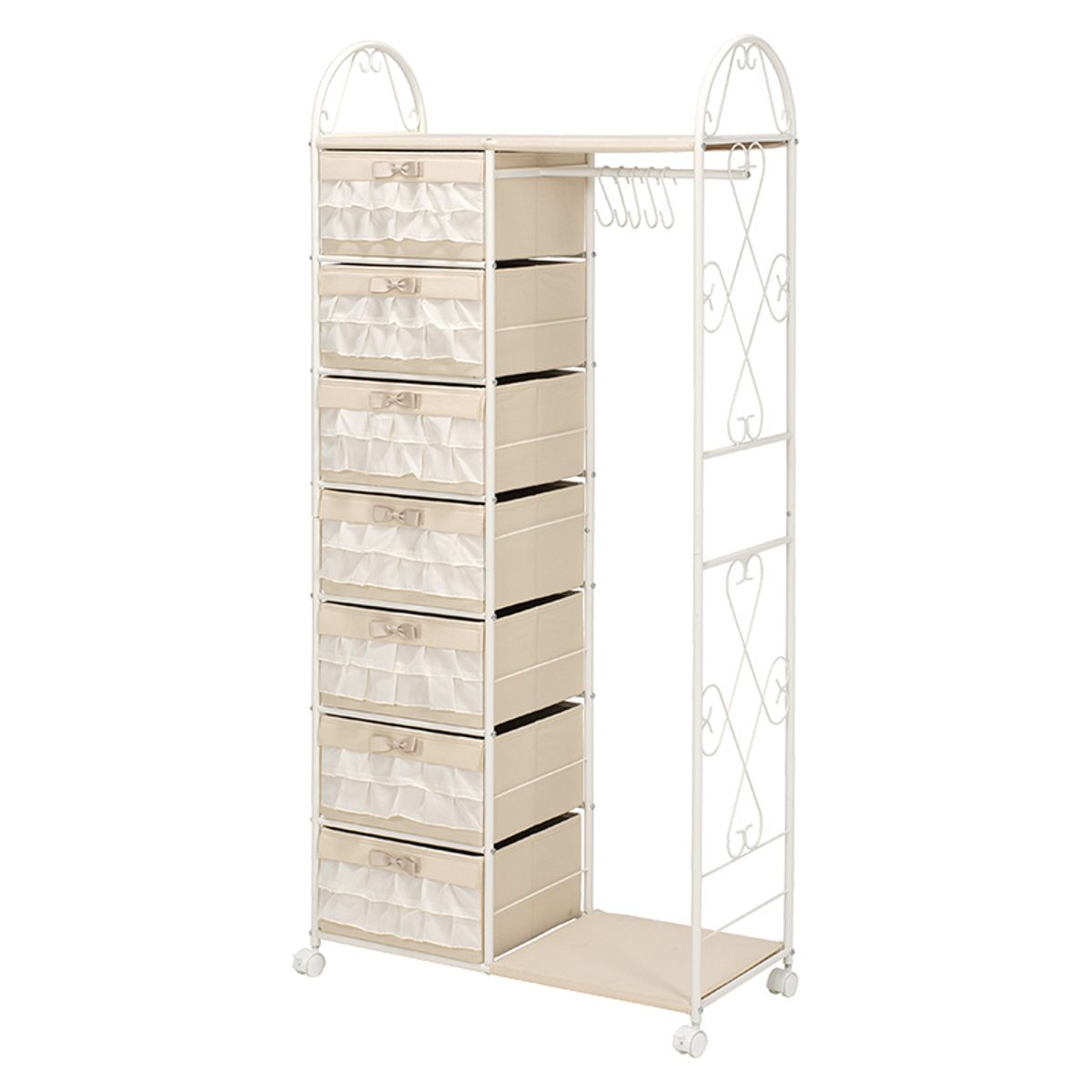 Dショッピング ハンガーラック ロートアイアン 姫系 収納ボックス付 7段 幅80cm コートハンガー 衣類収納 収納 アイアン ラック おしゃれ クローゼットハンガー パイプハンガー コンパクト ベージュ ホワイト 白 かわいい カテゴリ チェスト 衣装収納の販売