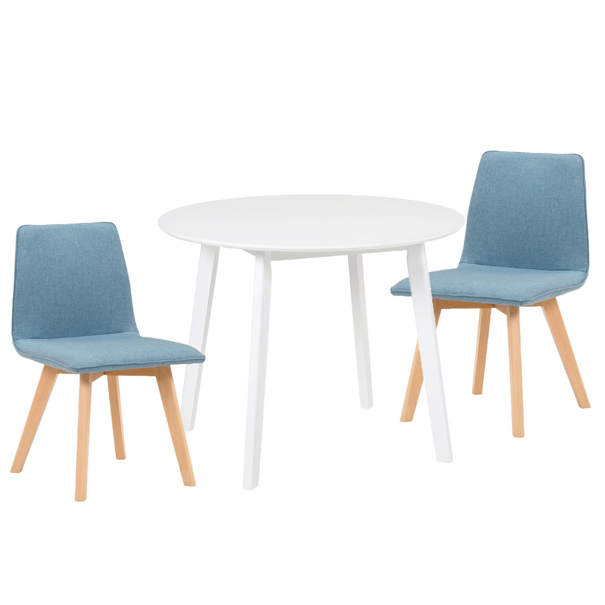 ダイニングセット 3点セット 円型テーブル ホワイト （ 90cm 白 ダイニングテーブルセット 2人 ダイニングテーブル チェア セット 木製  テーブル ダイニング 丸テーブル 天然木 ファブリック 椅子 イス 北欧 おしゃれ ） 【ブルー】