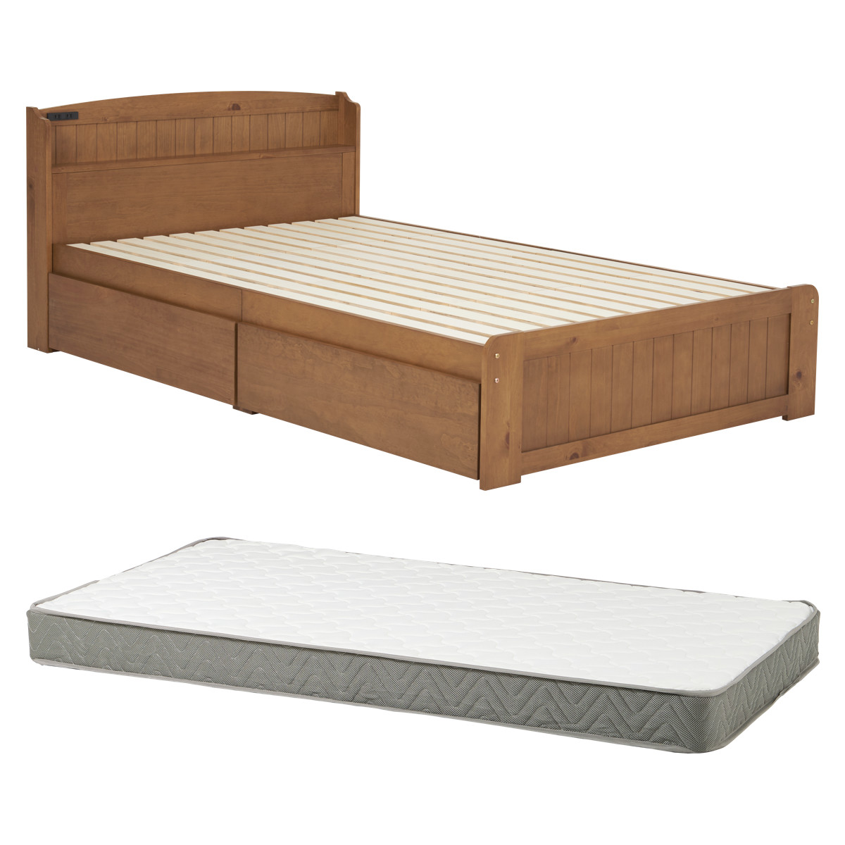 ベッド シングル 引出し2杯 ボンネルマットレス付 すのこ 宮棚 2口コンセント付 天然木 ( 収納 マットレス付 引出し マットレスセット ベッドフレーム ボンネルコイル 厚さ14.5cm ライトブラウン ナチュラル ホワイトウォッシュ ) 【ライトブラウン】 ライトブラウン