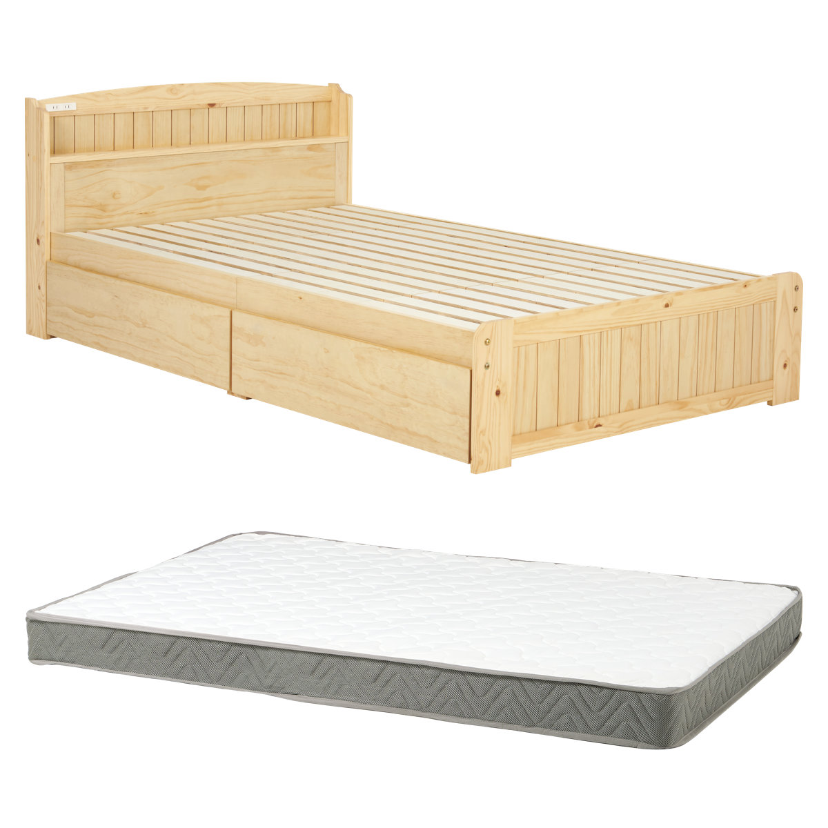 ベッド セミダブル 引出し2杯 ボンネルマットレス付 すのこ 宮棚 2口コンセント付 天然木 ( 収納 マットレス付 引出し マットレスセット ベッドフレーム ボンネルコイル 厚さ14.5cm ライトブラウン ナチュラル ホワイトウォッシュ ) 【ナチュラル】 ナチュラル