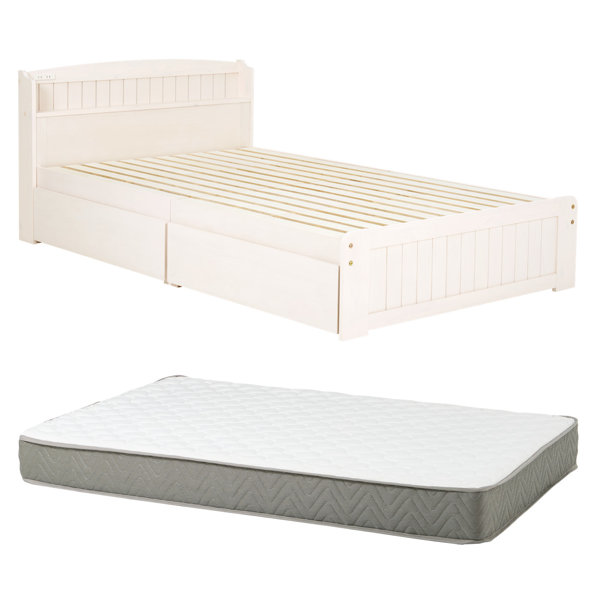 ベッド セミダブル 引出し2杯 ポケットマットレス付 すのこ 宮棚 2口コンセント付 天然木 ( 収納 マットレス付 引出し マットレスセット ベッドフレーム ボンネルコイル 厚さ20cm ライトブラウン ナチュラル ホワイトウォッシュ ) 【ホワイトウォッシュ】 ホワイトウォッシュ