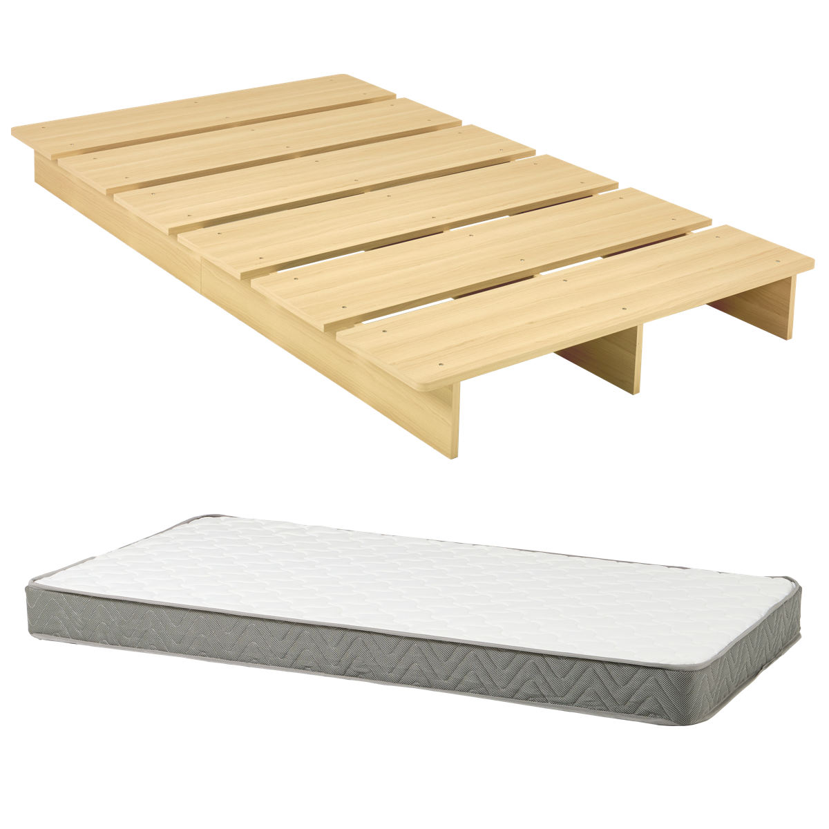 ローベッド セミダブル ボンネルマットレス付 余白デザイン ( ベッド マットレス付 耐荷重350kg ステージ ロータイプ ベッドフレーム ボンネルコイル 厚さ14.5cm マットレスセット ブラウン ナチュラル ) 【ナチュラル】 ナチュラル