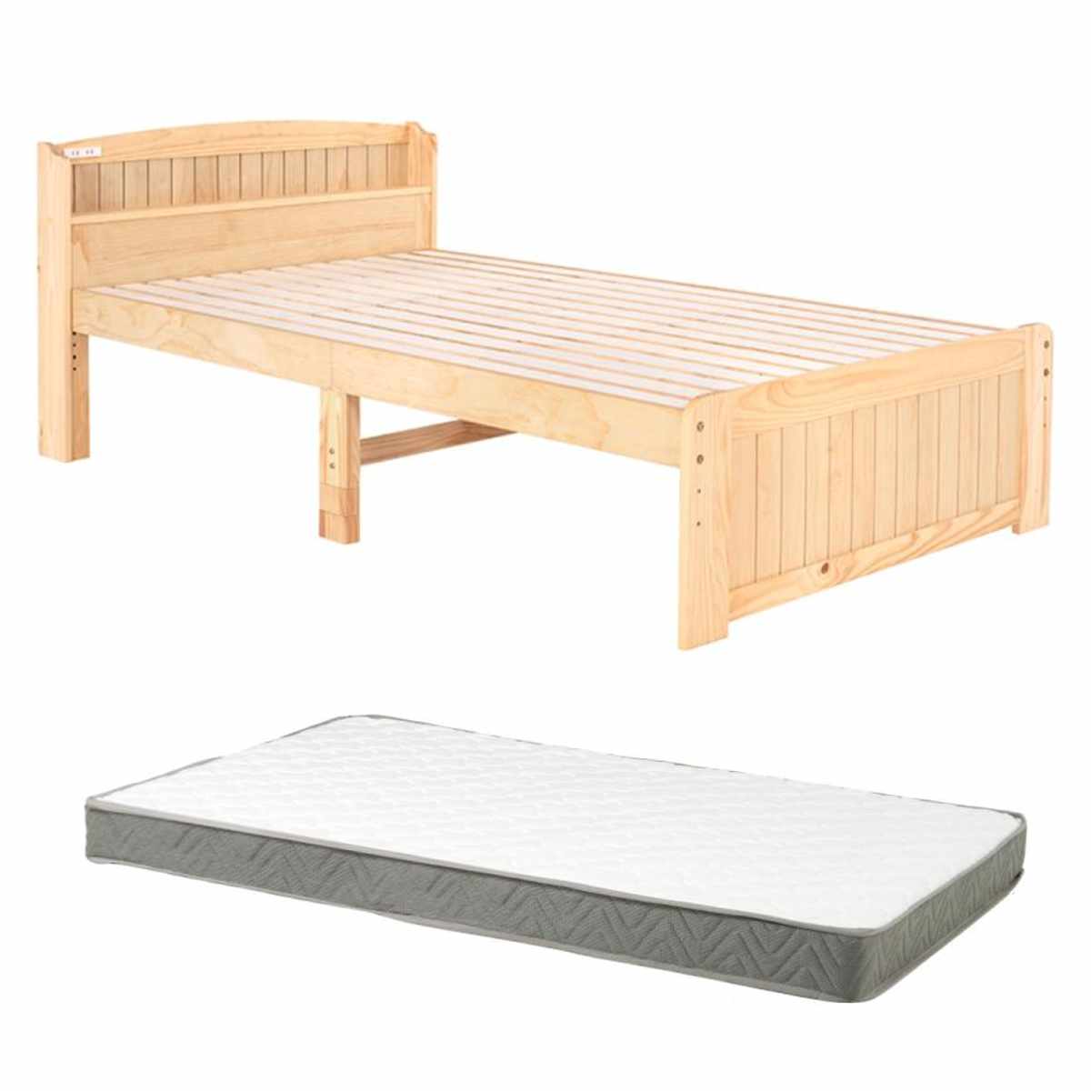 すのこベッド セミダブル ボンネルマットレス付 宮棚 2口コンセント付 ( ベッド マットレス付 セミシングル ショート ボンネルコイル 天然木 ベッドフレーム 厚さ14.5cm ライトブラウン ナチュラル ホワイトウォッシュ ) 【ナチュラル】 ナチュラル