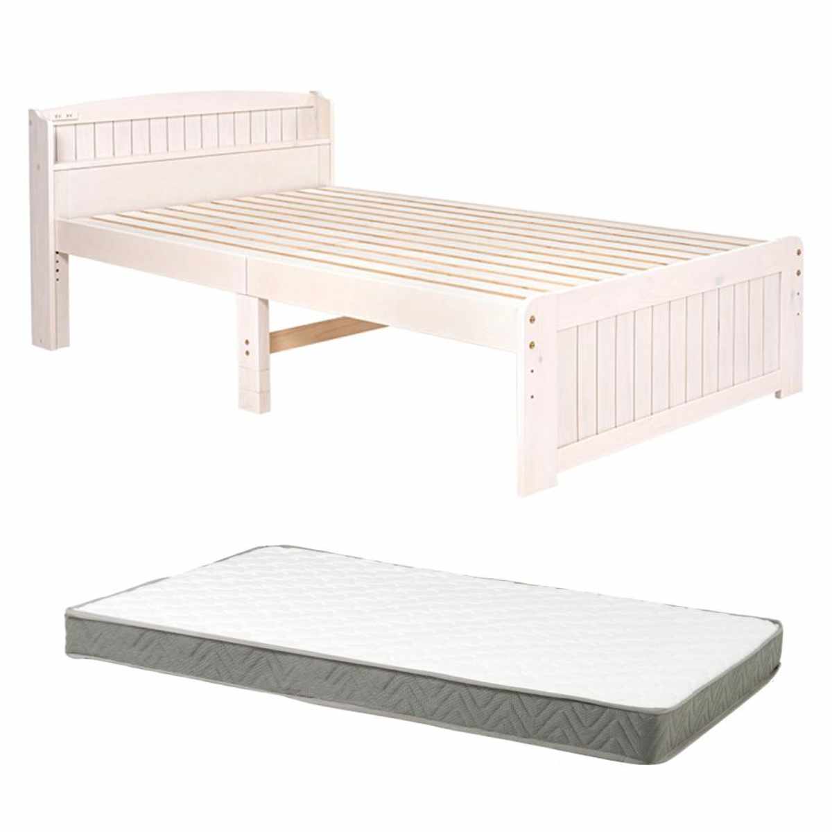 すのこベッド セミダブル ボンネルマットレス付 宮棚 2口コンセント付 ( ベッド マットレス付 セミシングル ショート ボンネルコイル 天然木 ベッドフレーム 厚さ14.5cm ライトブラウン ナチュラル ホワイトウォッシュ ) 【ホワイトウォッシュ】 ホワイトウォッシュ