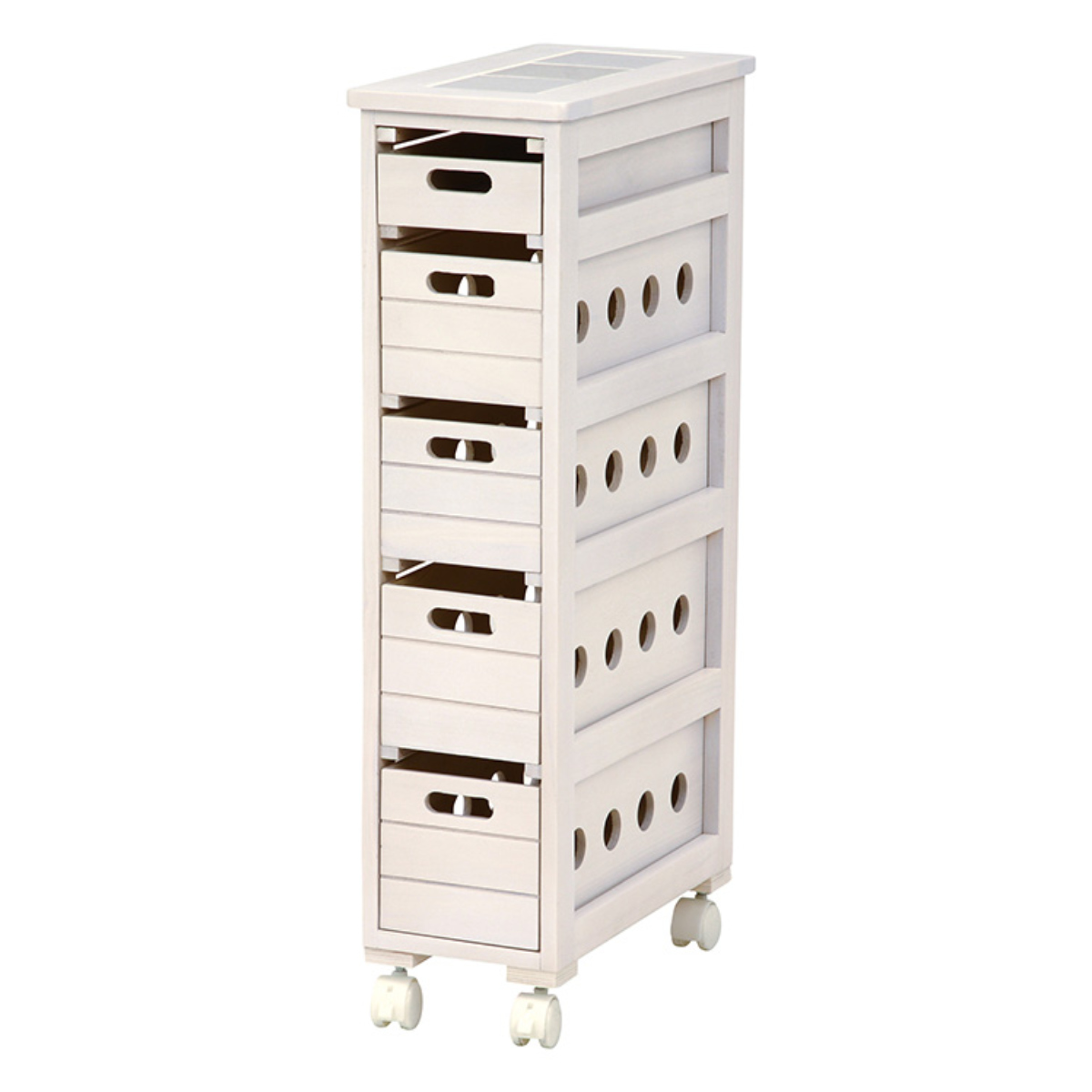 キッチンストッカー 幅20cm 5段 スリムタイプ タイルトップ 桐製 キャスター付 ( ストッカー キッチンワゴン 収納 ラック ワゴン スリム 完成品 引き出し 隙間収納 5杯 棚 タイル天板 桐 木製 多目的ラック タイル カウンター ) 【ホワイトウォッシュ】 ホワイトウォッシュ