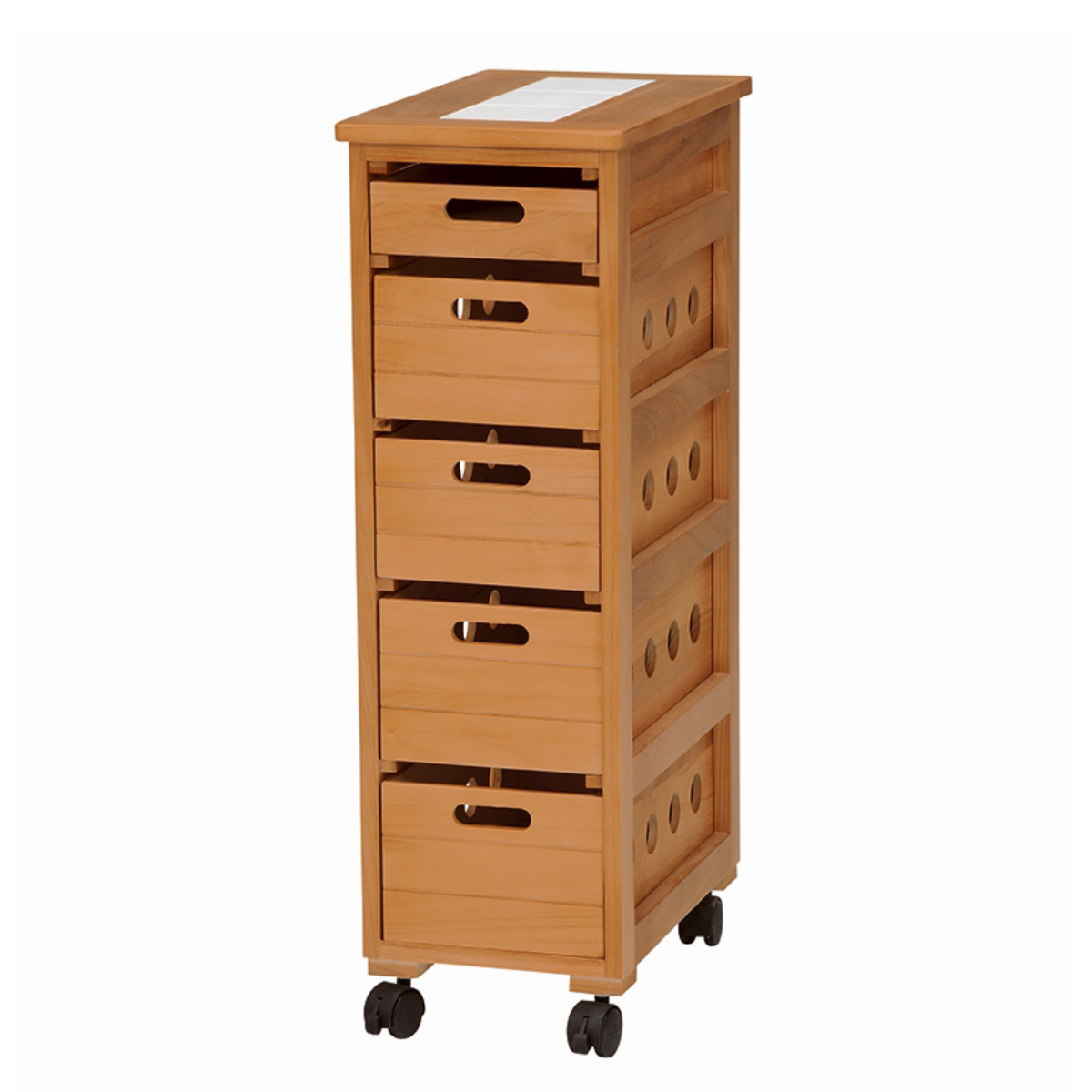 キッチンストッカー 幅25cm 5段 スリムタイプ タイルトップ 桐製 キャスター付 ( ストッカー キッチンワゴン 収納 ラック ワゴン スリム 完成品 引き出し 隙間収納 5杯 棚 タイル天板 桐 木製 多目的ラック タイル カウンター ) 【ナチュラル】 ナチュラル