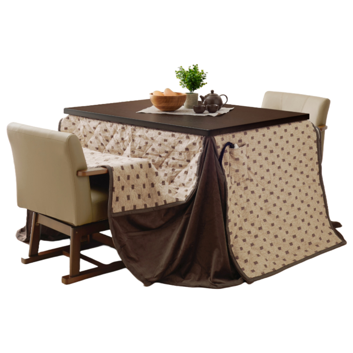 ダイニングこたつセット 4点セット トルタ 幅105cm 継脚こたつテーブル×1 こたつ布団×1 チェア×2 ( こたつ 布団 テーブル ハイタイプ コタツ 回転椅子 2人用 天然木 木製 高さ調節 45~70cm 継ぎ足 ダイニングテーブル 長方形 ) 【ダークブラウン】 ダークブラウン