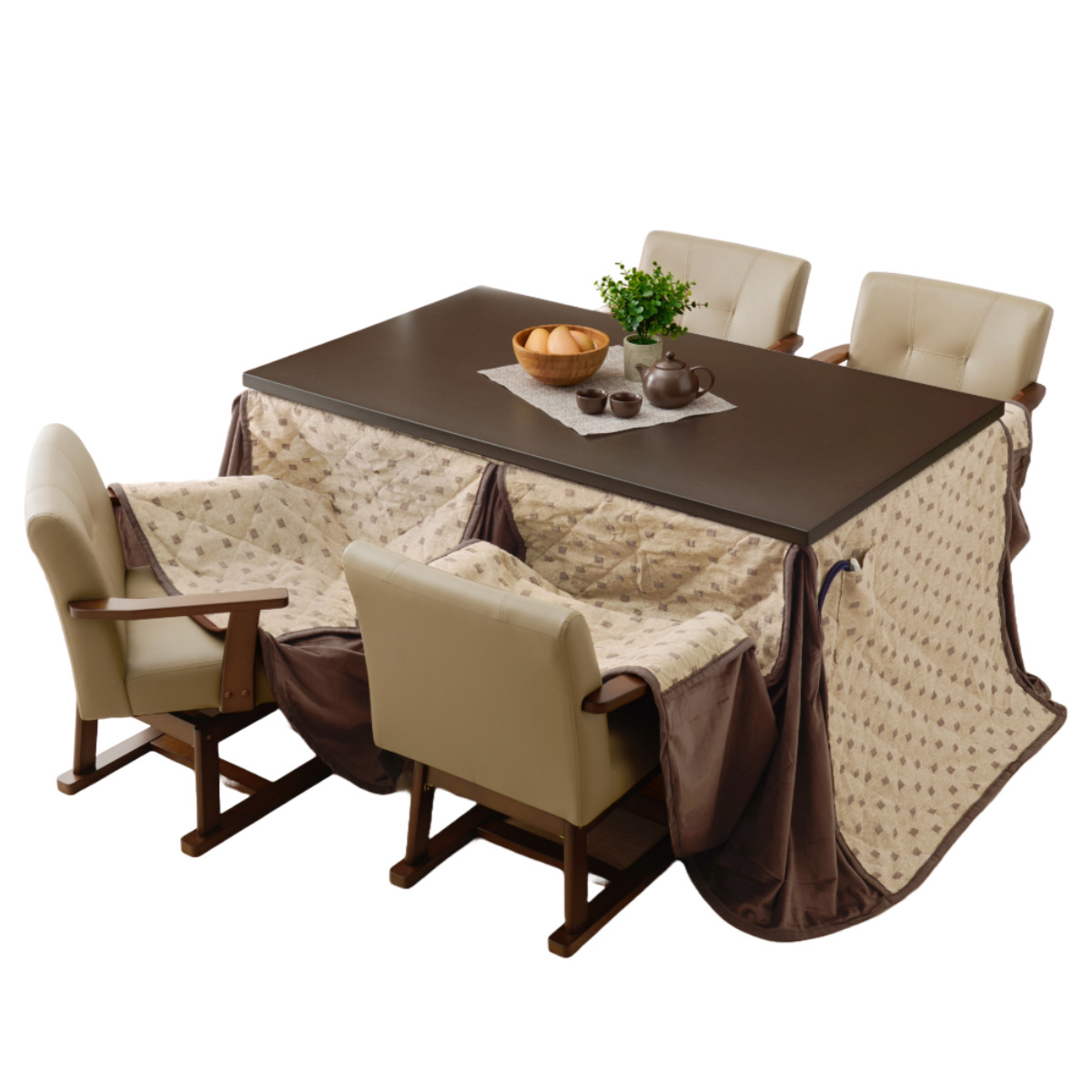 ダイニングこたつセット 6点セット トルタ 幅135cm 継脚こたつテーブル×1 こたつ布団×1 チェア×4 ( こたつ 布団 テーブル ハイタイプ コタツ 回転椅子 4人用 天然木 木製 高さ調節 45~70cm 継ぎ足 ダイニングテーブル 長方形 ) 【ダークブラウン】 ダークブラウン