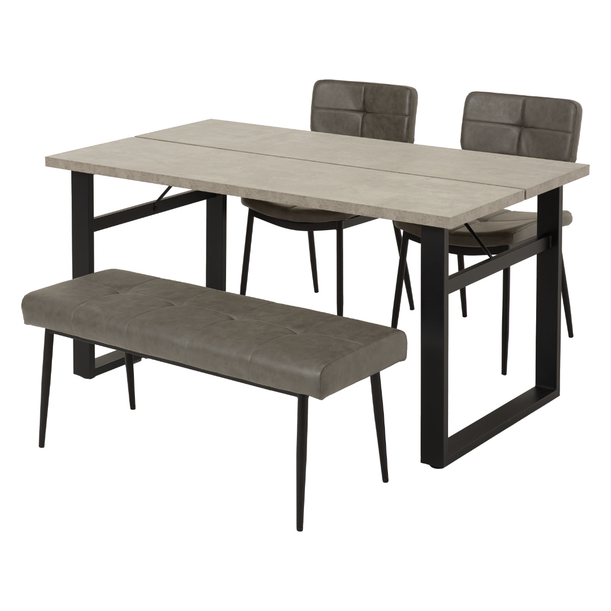 ダイニングテーブルセット 4人掛け 4点セット コンクリート調テーブル幅138cm ベンチ×1 チェア×2 ヴィンテージ調 ( ダイニングセット 食卓テーブル 椅子 テーブル 4人用 ダイニングテーブル ダイニングチェア ベンチ レザー調 ) 【ダークグレー】 ダークグレー